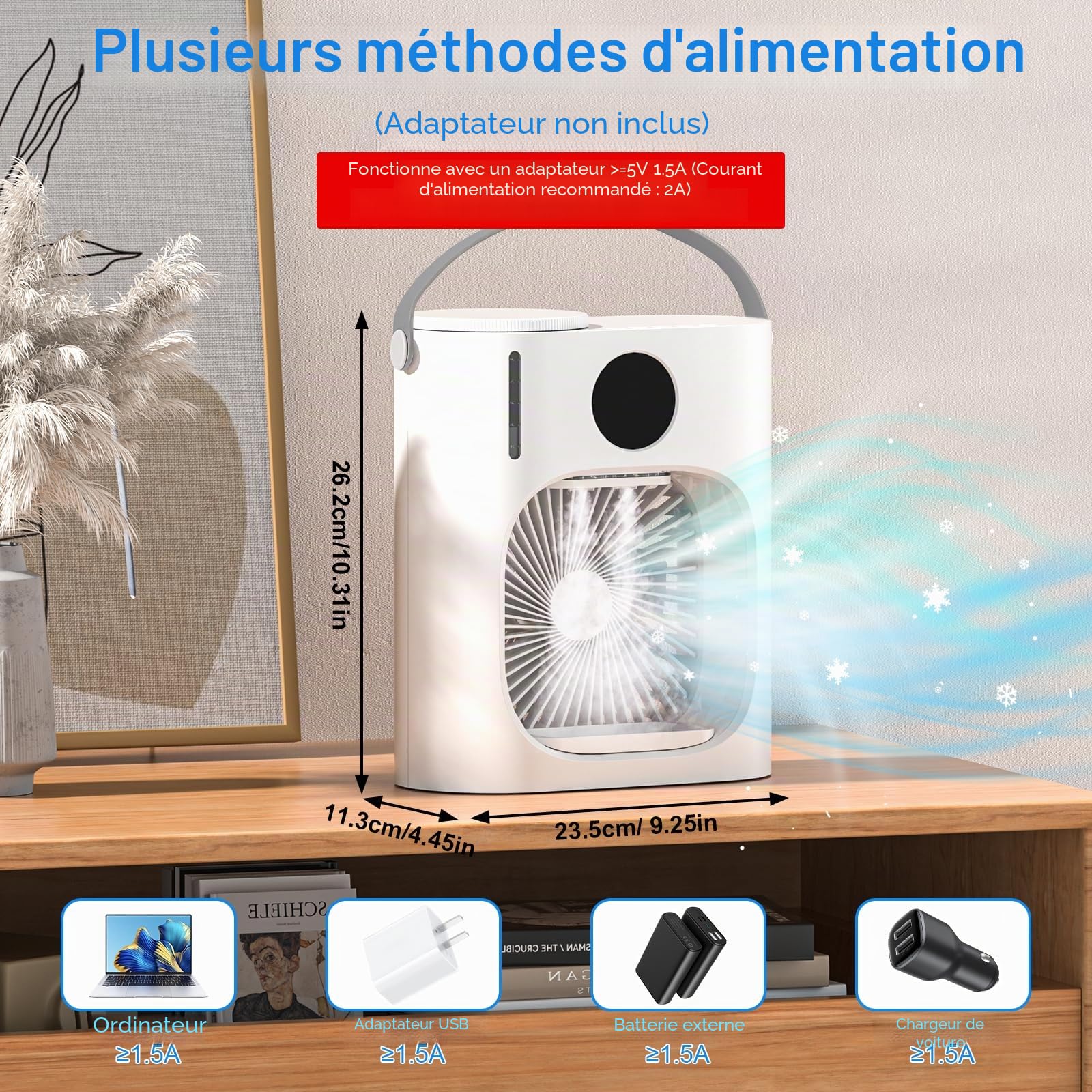 Mini Climatiseur Portable 4 en 1, Petite Clim avec Télécommande, 4 Vitesses, 1500 ml, Minuterie 1/2/3 H, 7 LED Couleur, USB, Ventilateur Brumisateur pour Chambre Coucher (Blanc-2)