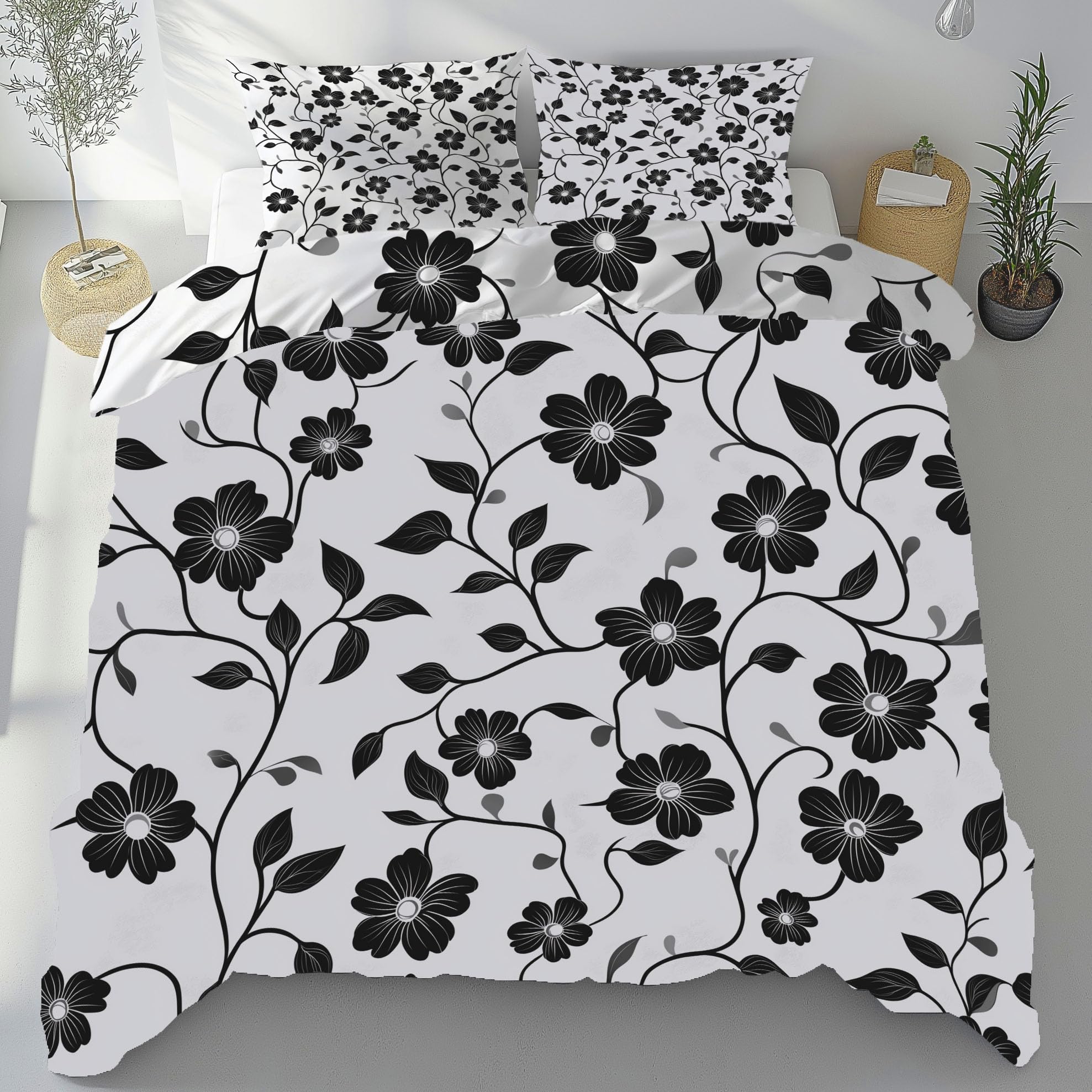 Parure de lit 200x220 fleur noir et blanc avec housse de couette microfibre et taies d'oreiller