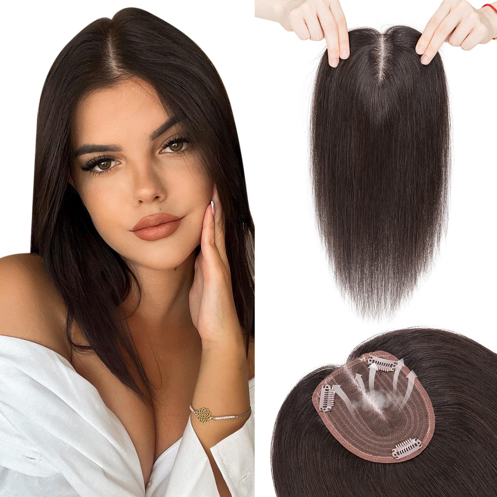 Hairro100% Human Hair Topper without Bangs Middle Part/Side Part, Real Clip in Hair Hairpieces for Women, 3.94"x4.72" Silk Base for Thinning Hair/Hair Loss/High Hairline