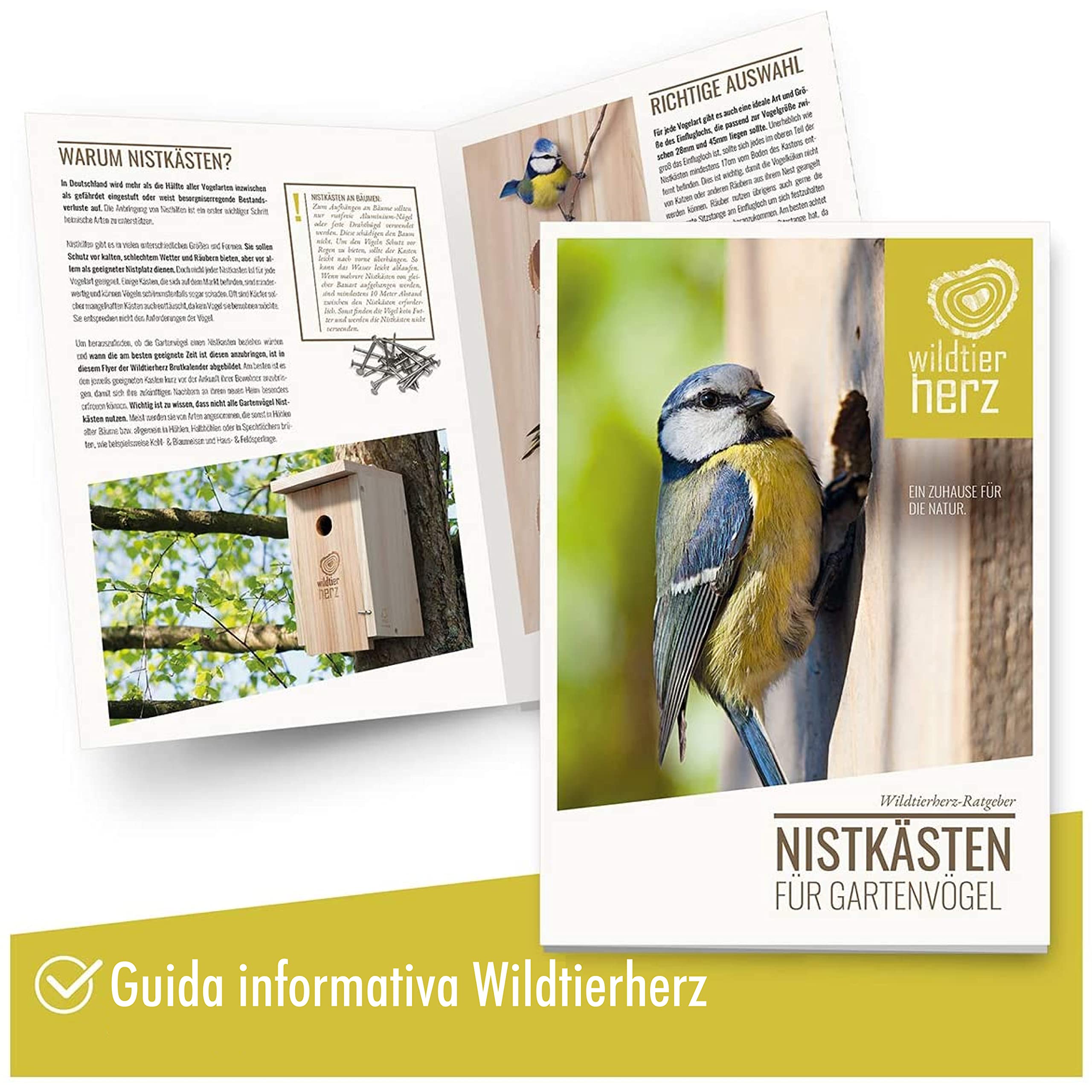 Wildtier Herz | Casetta per Uccellini da Esterno per Cinciallegre e Uccellini Simili – Resistente alle Intemperie – In Legno Massello Naturale - Dimensioni Esterne: 32x25x19 cm, Interne: 12x12 cm