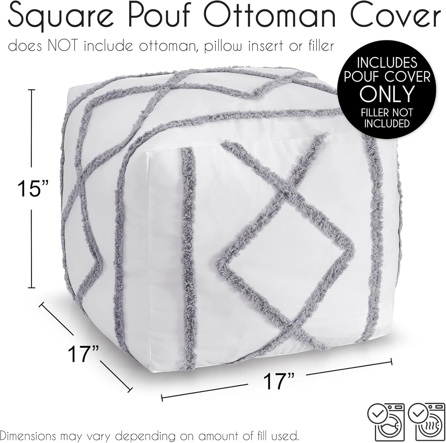 KB & Me Bright White and Grey Canvas Boho Chic Tufted Pouf Cover Square Bohemian Fringe Minimalist Geometric Ottoman Storage Case Modern Foot Rest Floor Pillow Decorative Unstuffed Pouffe