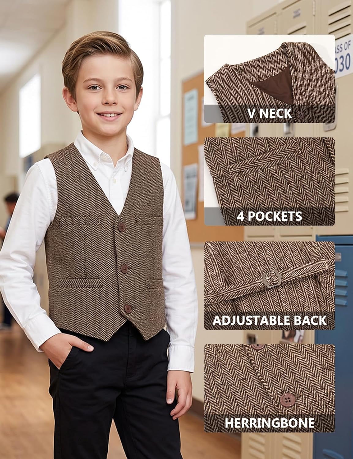 Spring&Gege Boys Tweed Suit Vest Vintage Herringbone Wool Blend Waistcoat