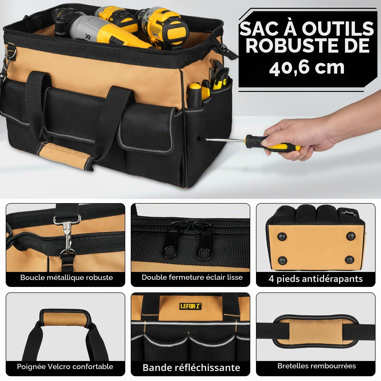 Sacoche Outils,Sac Outils vide,27 Poches Grand Ouverture Robuste Sac à Outils,Organiseur de Rangement,étui de Transport pour Papa,Homme,Mécanicien,électricien,Jardinage,Noir Marron(Sac Uniquement)