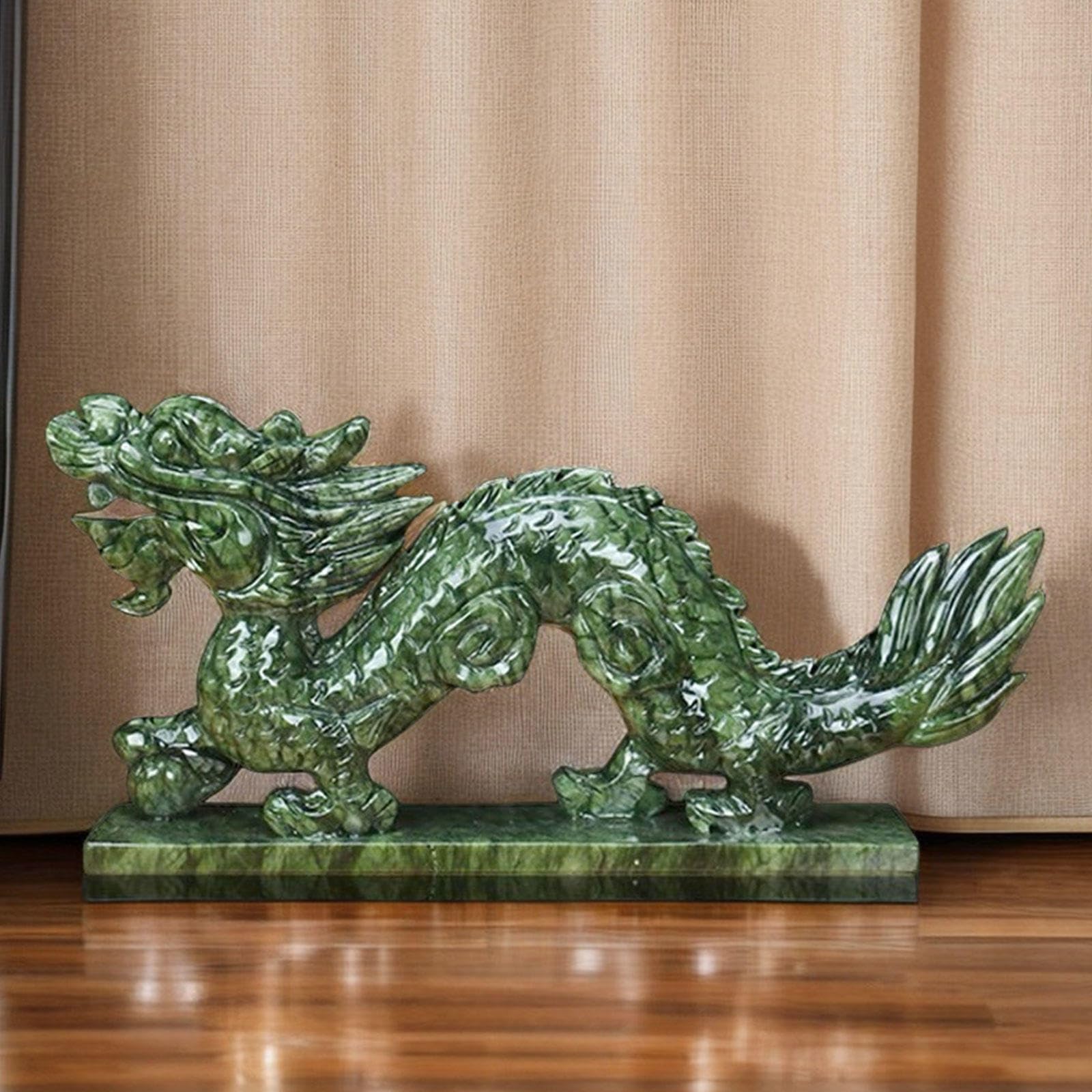 Jade Natural Qinglong Escultura de Estatua de Estatuilla de Dragón Chino Feng Shui Decoración de Escritorio para La Oficina en El Hogar para La Suerte y El éxito,11x2.4x5.9in
