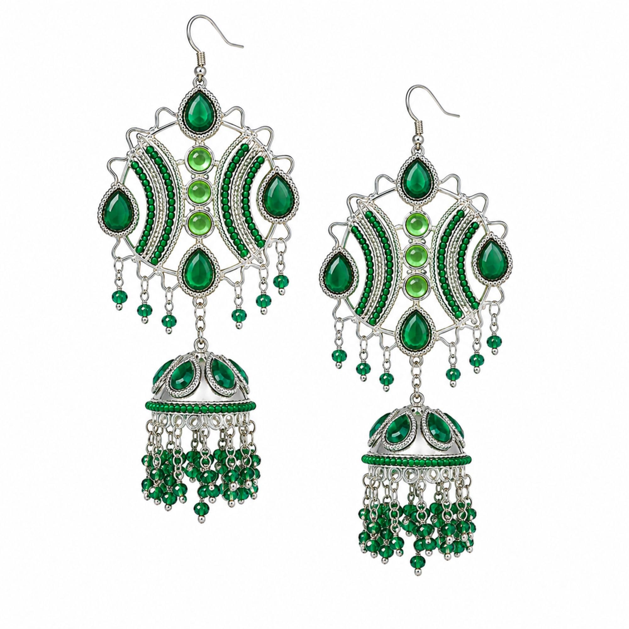 Vintage Silver Bollywood Viral Jhumka Earrings | Maula Mere Maula Jhumka Earrings | Statement Ethnic Earrings with Green Crystal Beads | Oxidised Famous Jewellery for Women & Girls-image-11