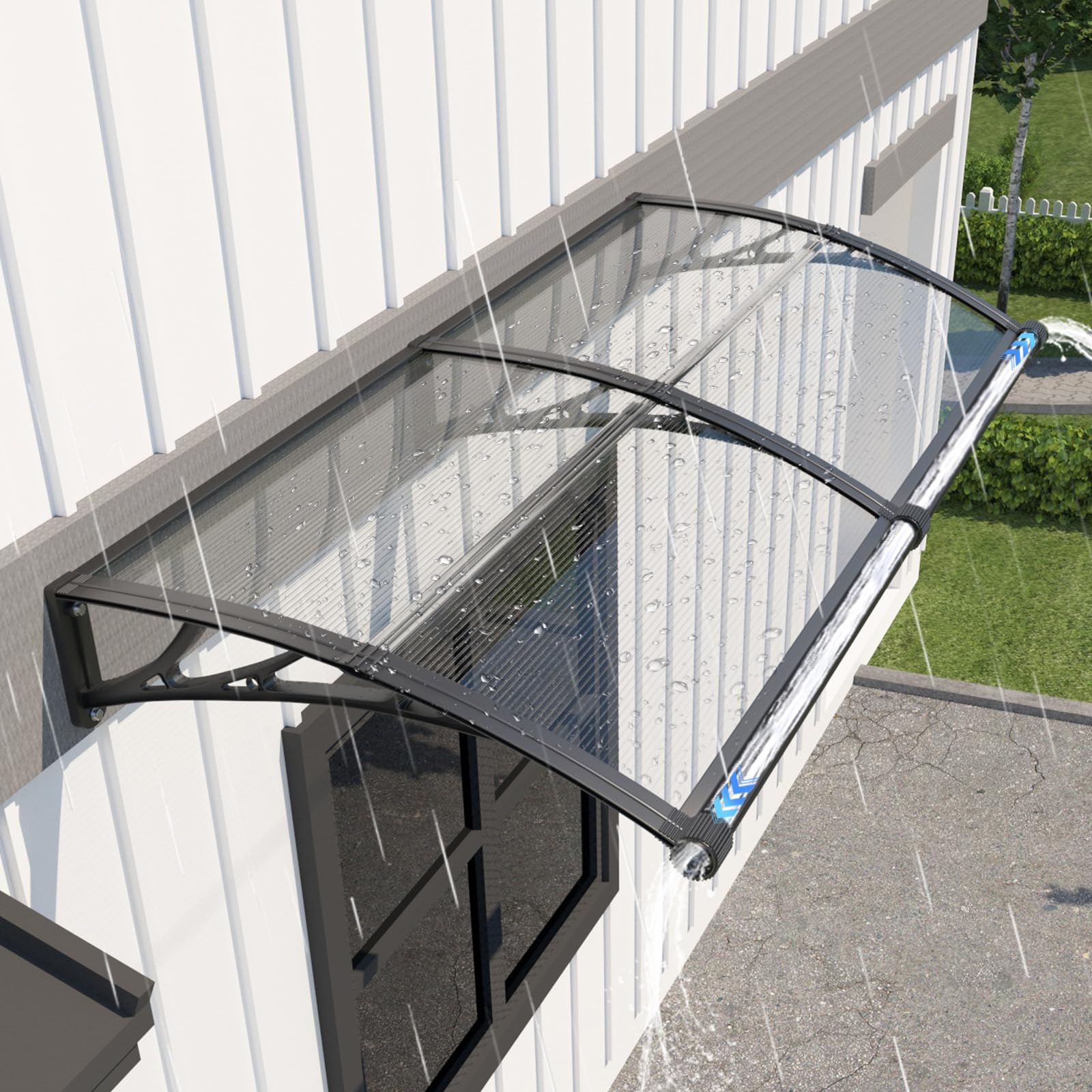 Marquesina Puerta Exterior, 200x100 cm Techo Exterior Lluvia UV/Resistencia a Vientos/Nieve, toldo con Sistema de Drenaje de Policarbonato para Tejado, Porche, Terrazas, Ventana