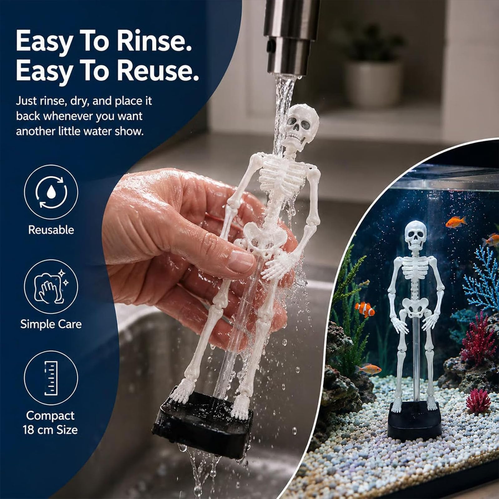 Decorazione per acquario "Scheletro danzante" con effetto bolle (2pcs) | Ornamento a tema teschio per Halloween, divertente decorazione interattiva per acquari con pesci combattenti o pesci rossi