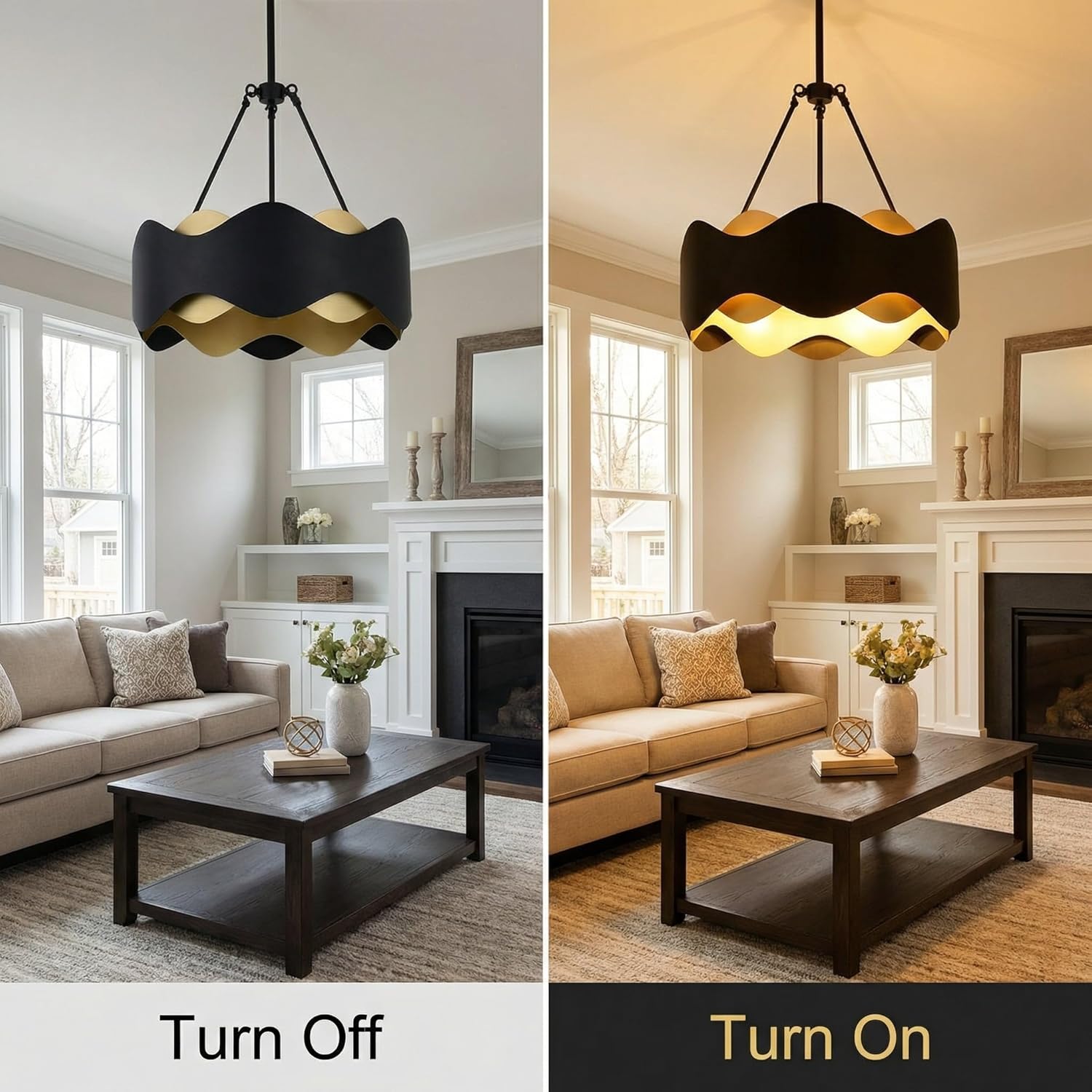 20" Large Black and Gold Drum Chandelier, 5-Light Modern Industrial Wave Pendant Light Fixture for Dining Room, Kitchen Island, Foyer, Living Room, E12 Base