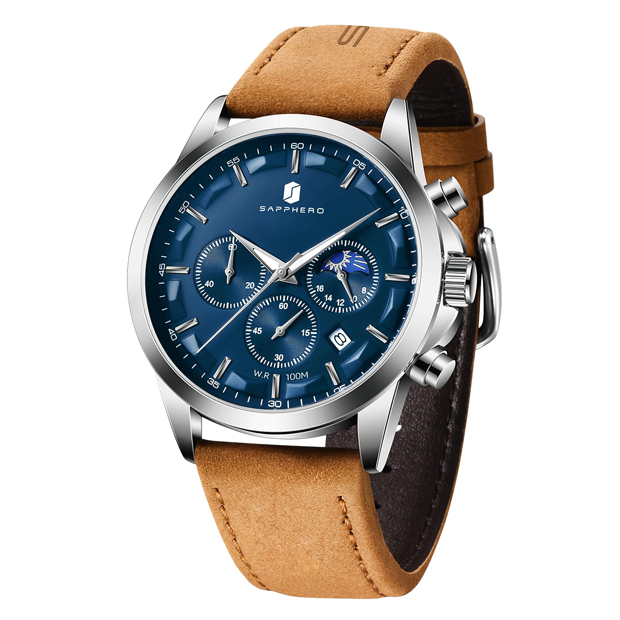 SAPPHERO Men's Watches Stainless Steel Chronograph Waterproof Quartz-Business Casual Dress Watch for Men Luminous Date Gold/Silver/Black Design-Easy-to-Read Luxury Dial-Leather Unique Elegant Gift