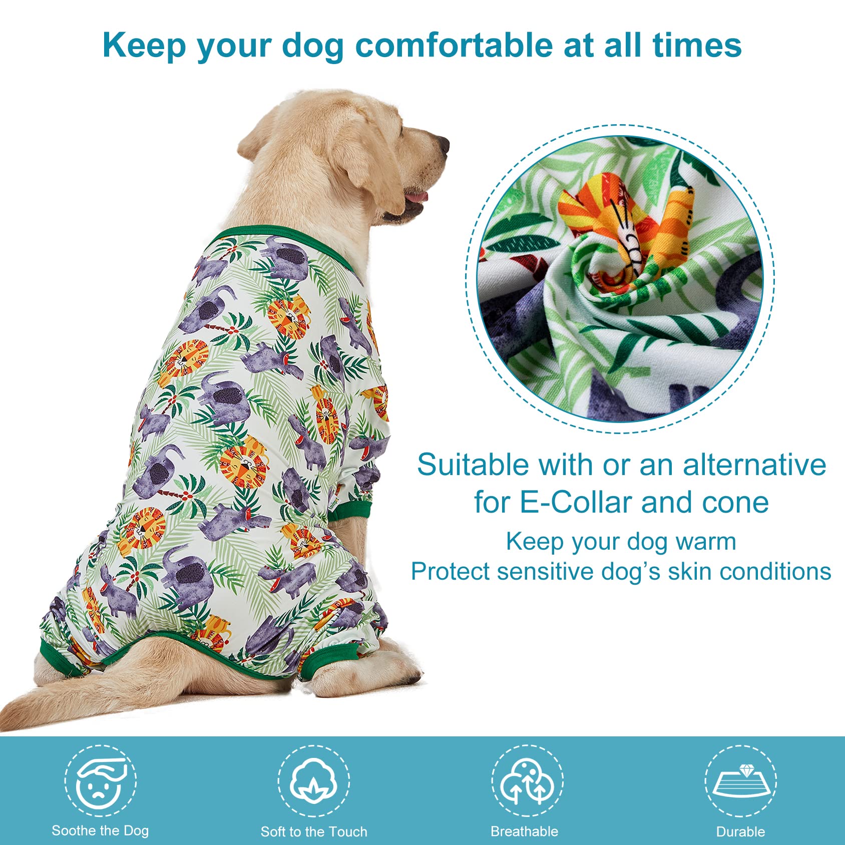 LovinPet Large Dog Pajamas Onesie: Lightweight stretchy knit pullover large breed jammies, Big Hippo Green Print - Image 2