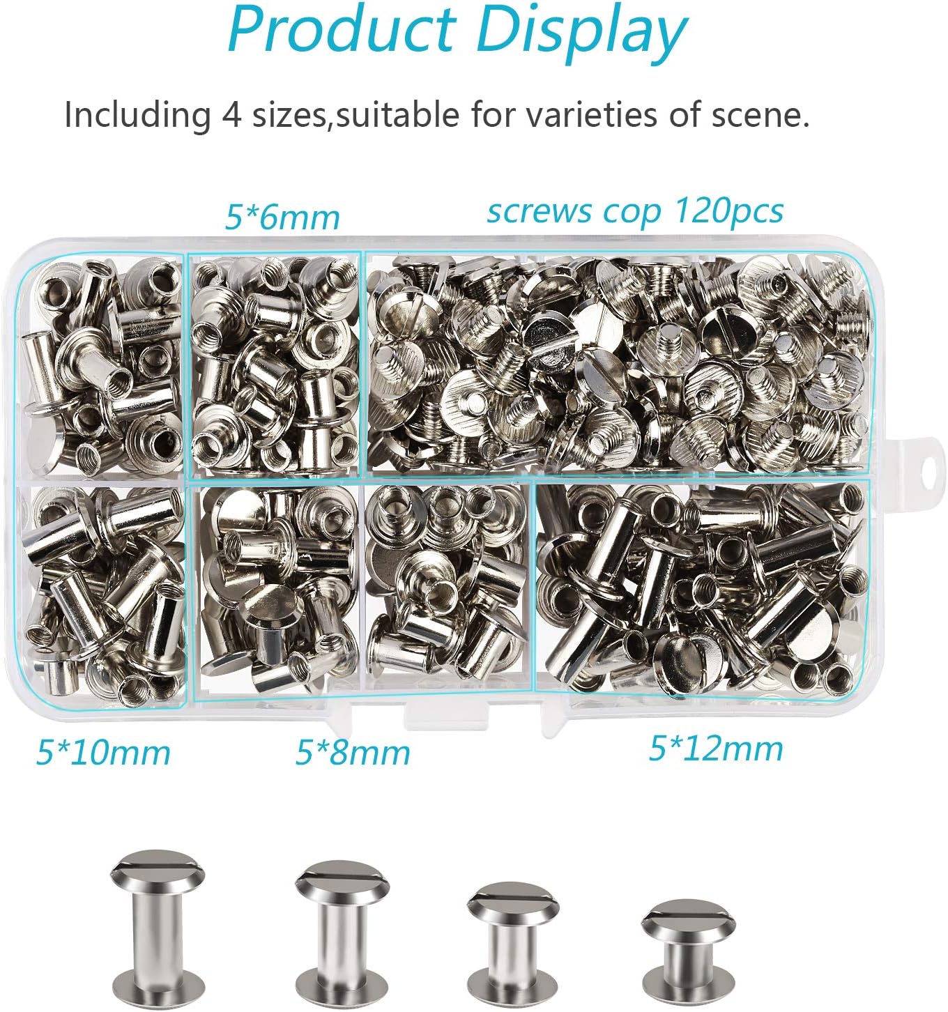 Chicago Screws,LANMOK 120 Sets 5mm Silver Chicago Buttons Assorted Kit Screwing Fasteners Metal Accessories for DIY Crafts Leather Belts Bookbinding