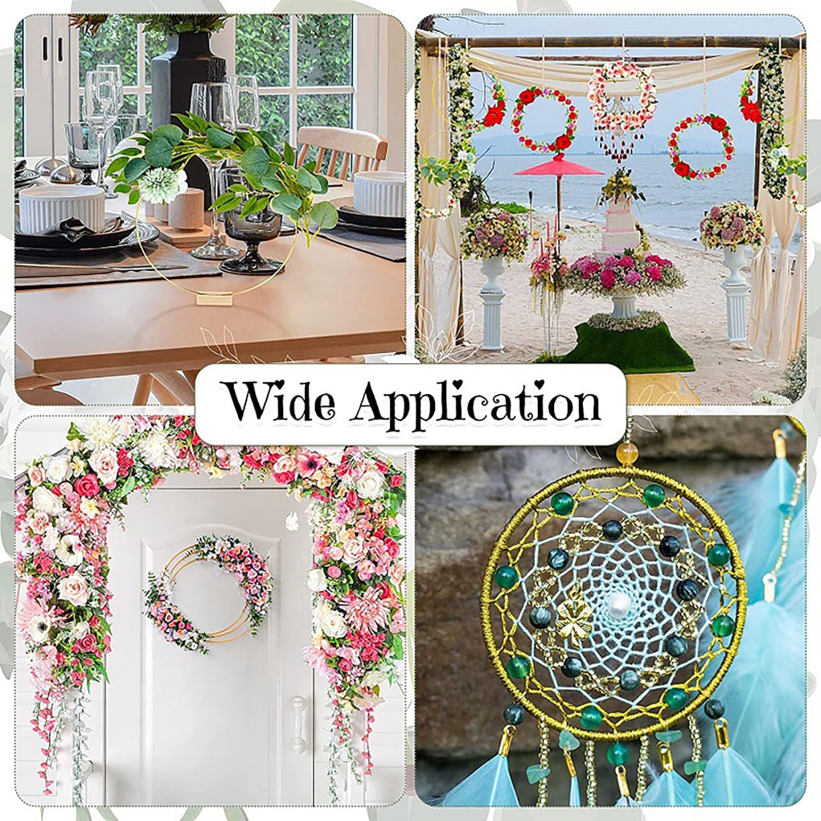 Juego de 8 aros de metal con diseño floral para corona, 12 pulgadas con 8 soportes de madera para hacer decoración de coronas de boda, atrapasueños, manualidades para colgar en la pared (anillo dorado