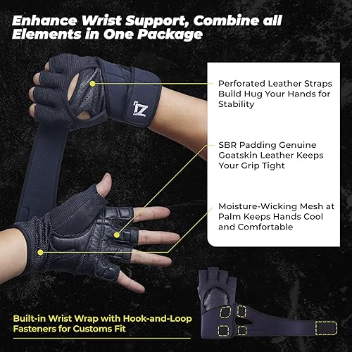 Miniatura 3 de OOZi Guantes de entrenamiento sin dedos para hombres y mujeres con soporte de muñeca para levantamiento de pesas, gimnasio, entrenamiento,