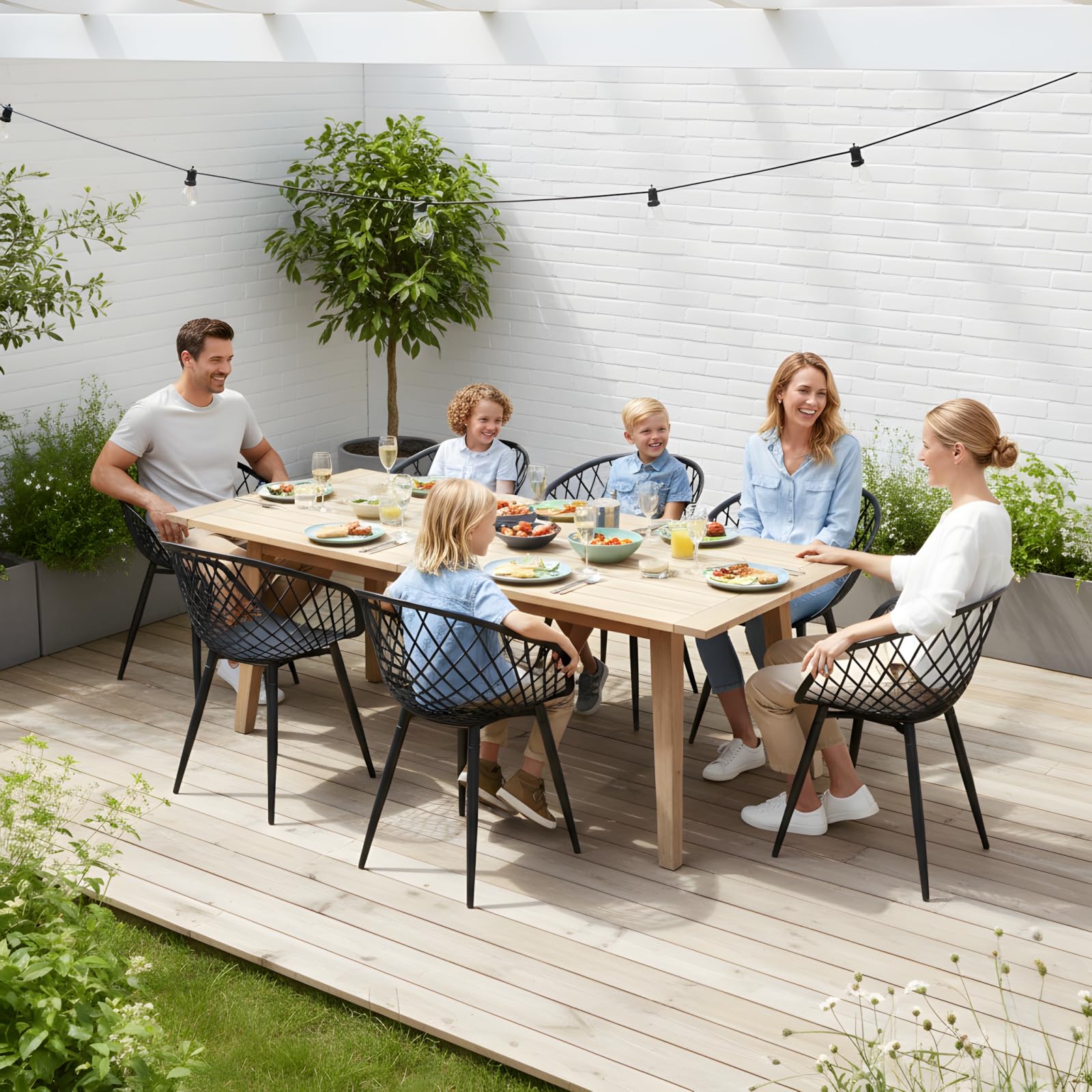 Juego de 6 sillas de jardín, sillas de jardín con reposabrazos, sillas de plástico con respaldo y patas de metal, muebles de terraza, muebles de balcón