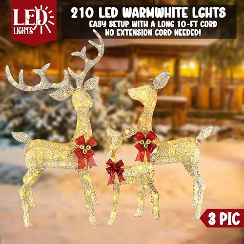 Miniatura 6 de Juego de 3 decoraciones de reno de Navidad iluminadas (4 pies de alto) con 240 luces LED, ideal como decoración de Navidad al aire libre, exhibición