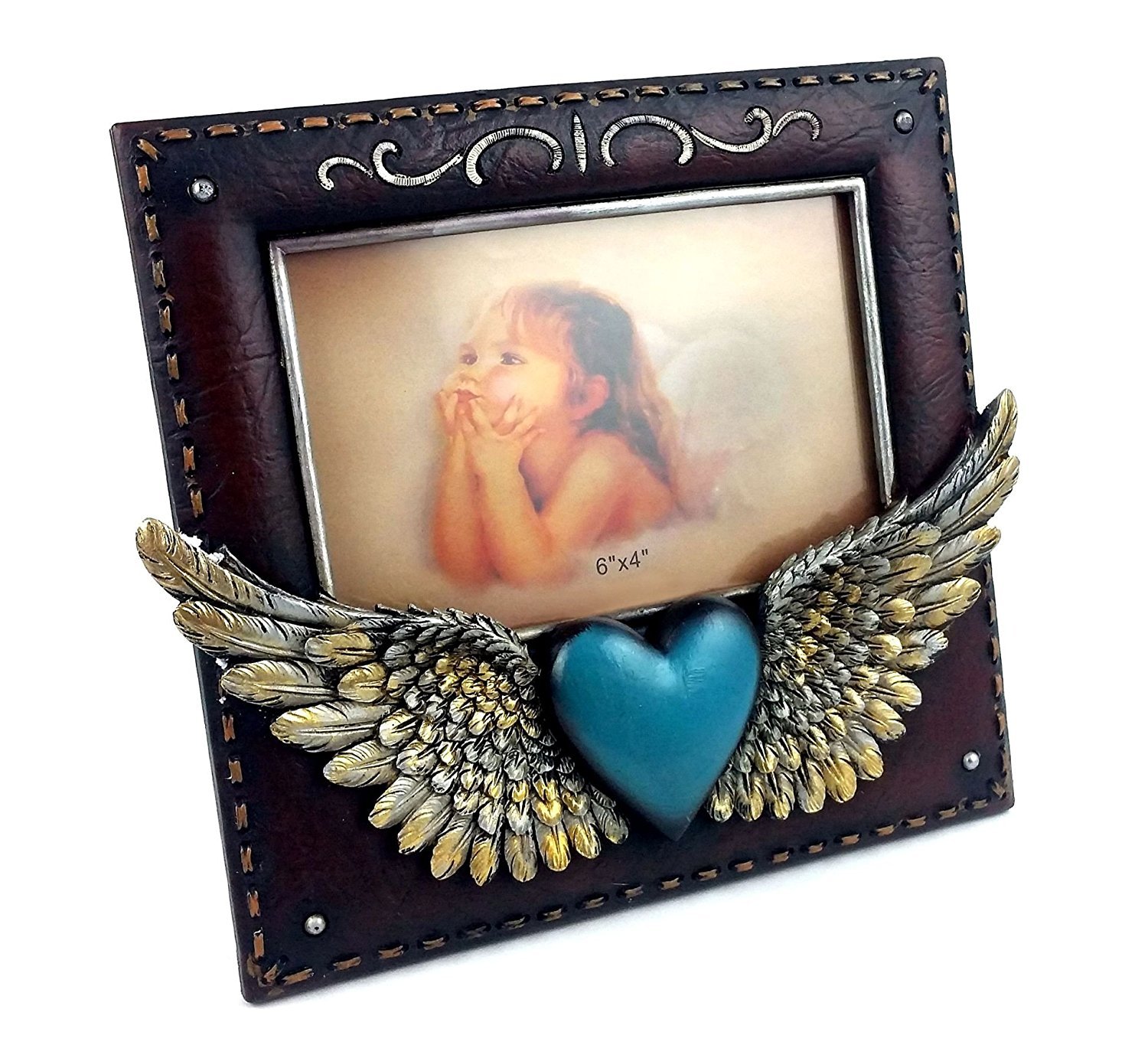 Blue Heart Angel Wing Resin Picture Frame, 6x4", Hand-crafted, Hand-painted Heirloom Quality.