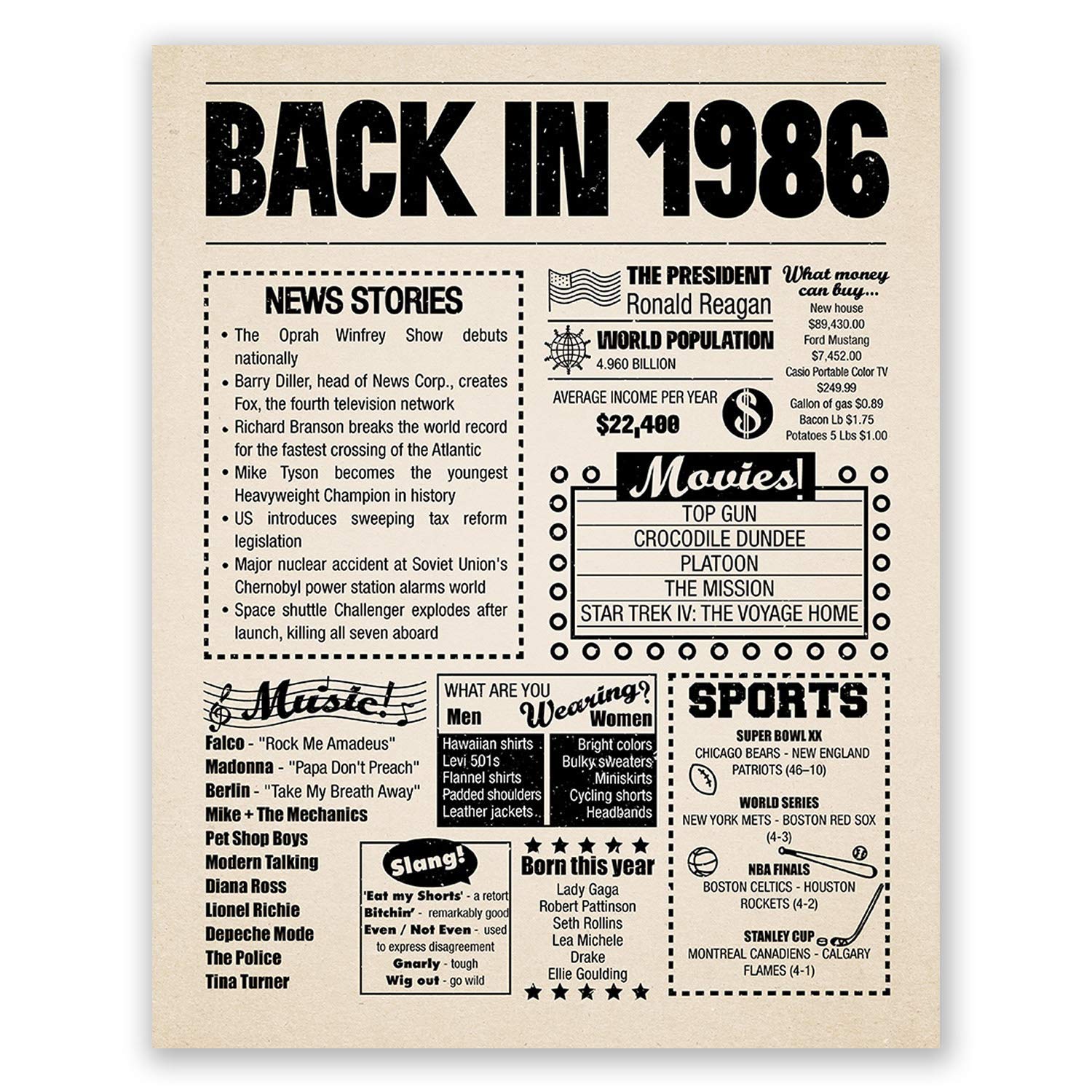 8x10 1986 Birthday Gift // Back in 1986 Newspaper Poster // 39th Birthday Gift // 39th Party Decoration // 39th Birthday Sign // Born in 1986 Print (8x10, Newspaper, 1986)