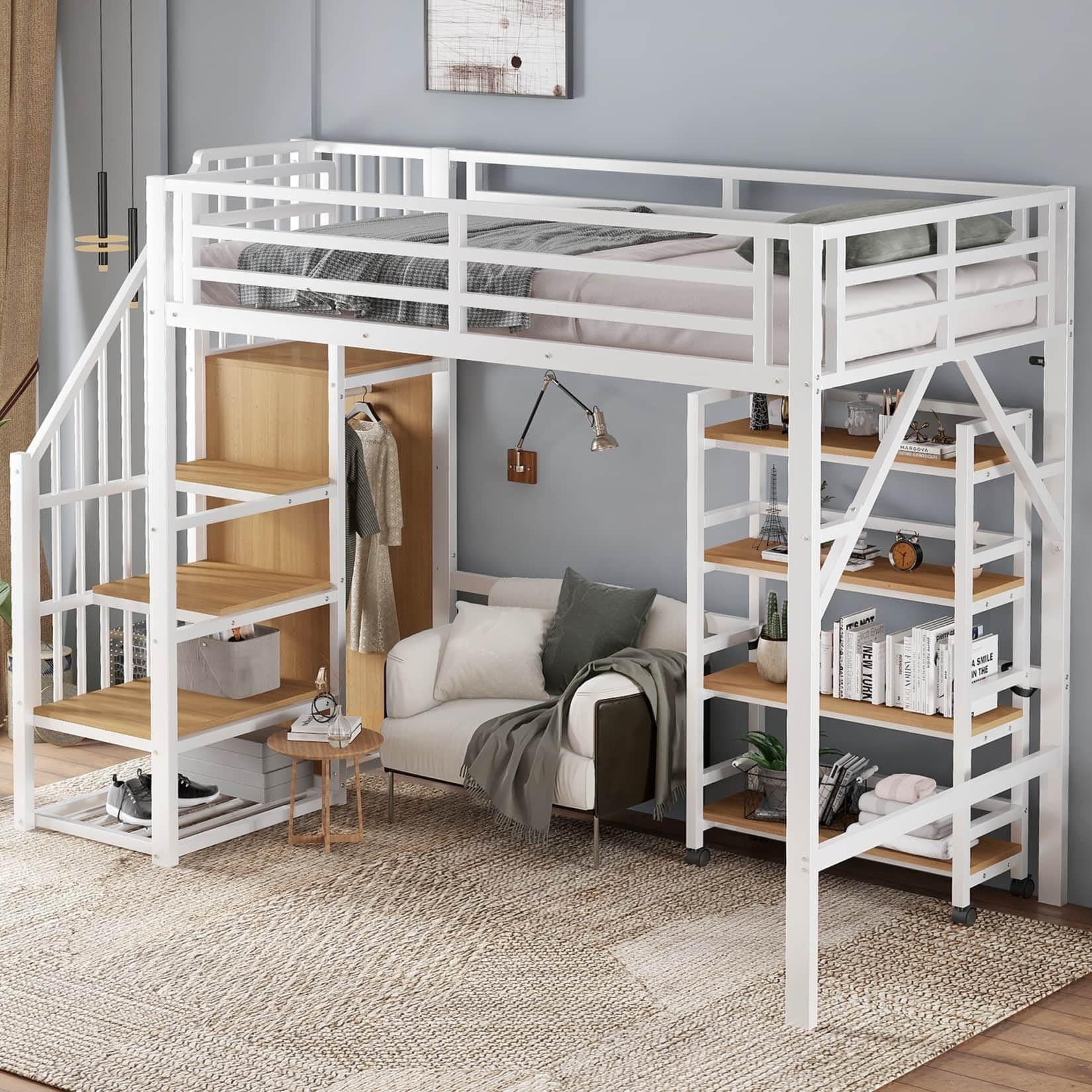 Lit Mezzanine Enfant 90x200 Métal,Lit Mezzanine 1 Place avec étagère à 4 Niveaux sur roulettes,Escalier de Rangement,Tringle à Vêtements,Haute Barrière,pour Enfants Ados