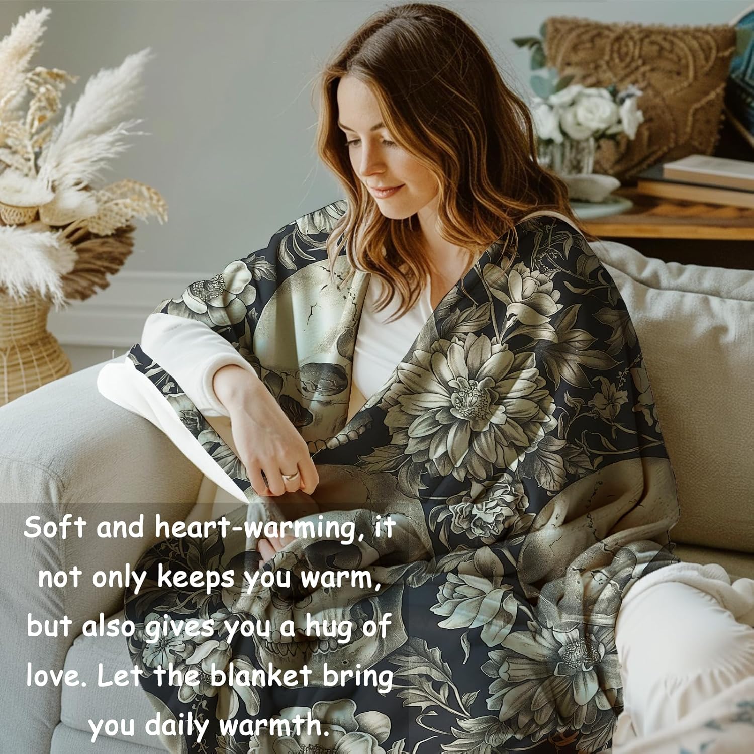 Gothic Garden Skull Fleece Blanket Gifts, Dark Floral and Skeleton Design, Soft Throw 50x60 inches, Elegant Home Halloween Decor - Black and White - Image 6