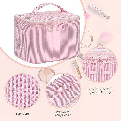 Miniatura 3 de OCHEAL Bolsa de maquillaje de gran capacidad, bolsa de maquillaje de viaje para cosméticos, almacenamiento vertical con divisor, bolsa de aseo para