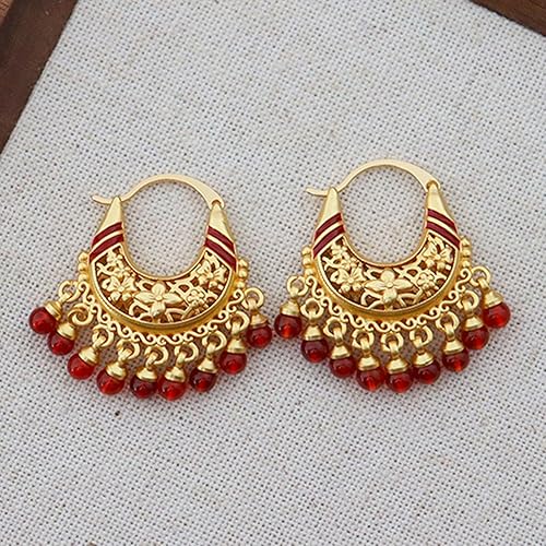 Miniatura 3 de Pendientes de aro estilo chino vintage con cuentas de ágata azulroja y borlas de perlas, latón chapado en oro de 18 quilates, joyería bohemia para