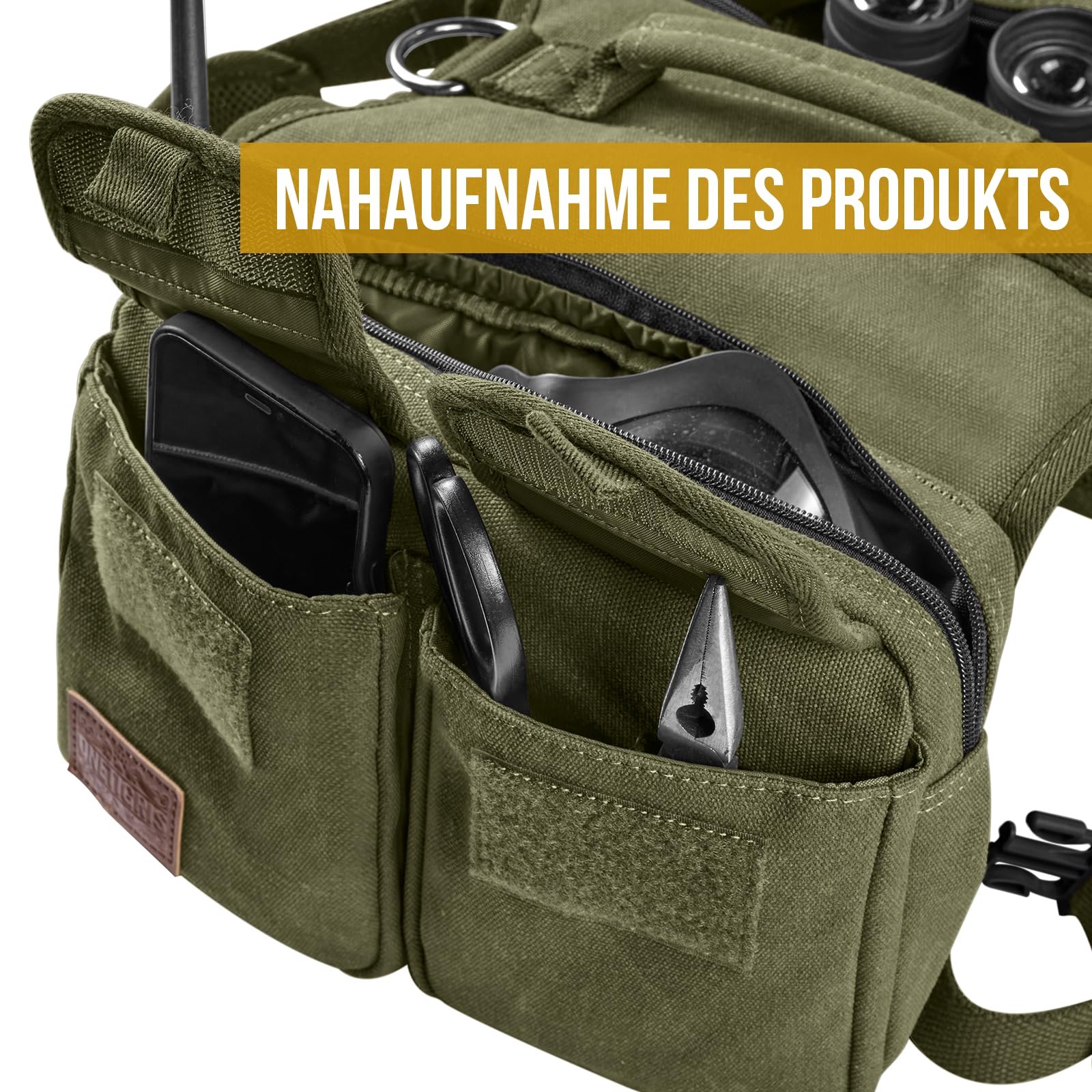 OneTigris Harnais pour Chien Hoppy Camper 3.0 - Sac à Dos avec 2 Poches Principales et 4 Secondaires pour Camping et Randonnée - pour Chiens Moyens/Grands - Vert L