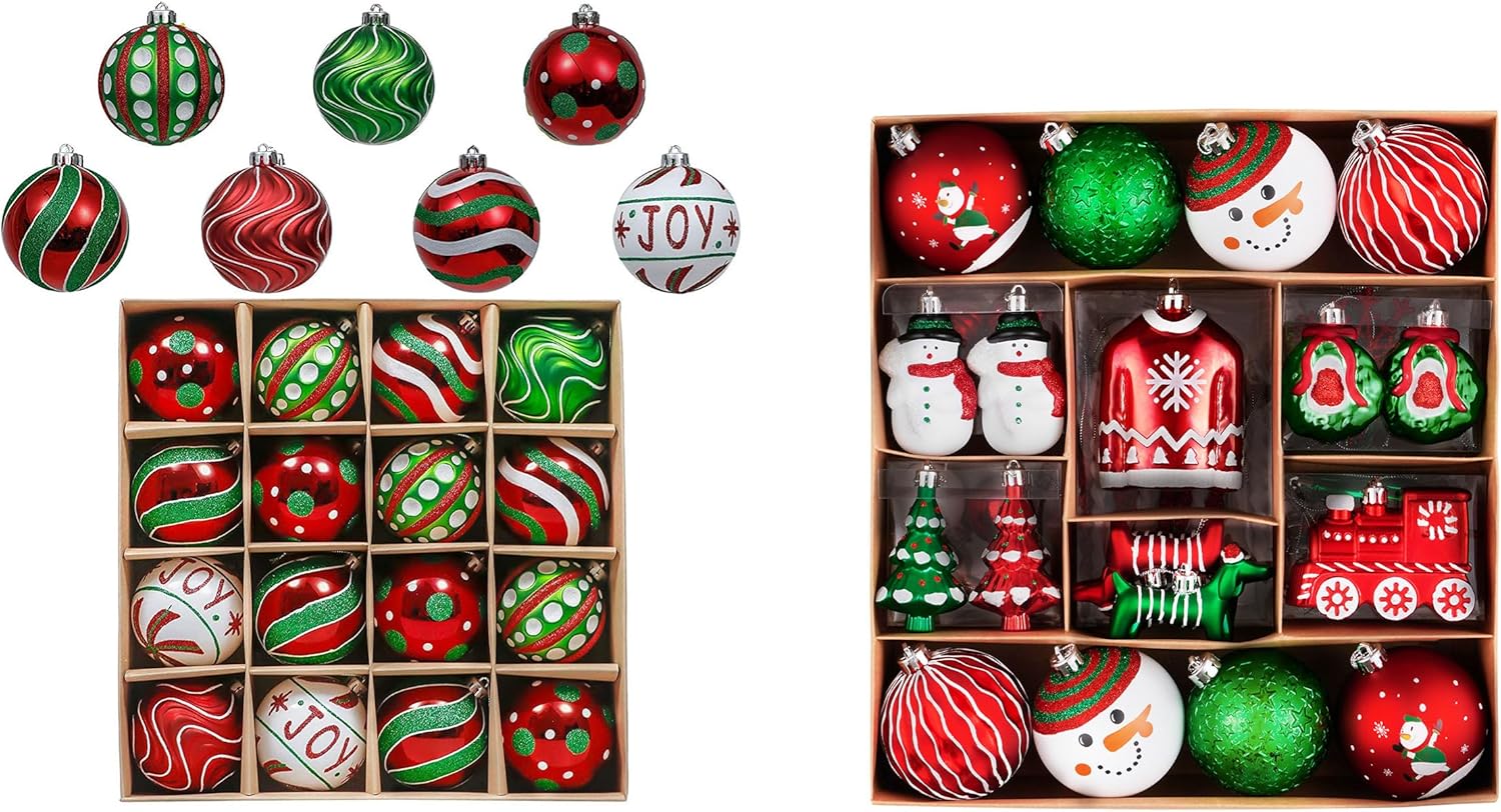 Valery Madelyn Christmas Ornaments Value Bundle(2 Items), 16ct & 60ct Red Green White Shatterproof Christmas Ball Ornaments Set, Decorative Hanging Ornament Bulk for Xmas Holiday Party Decor