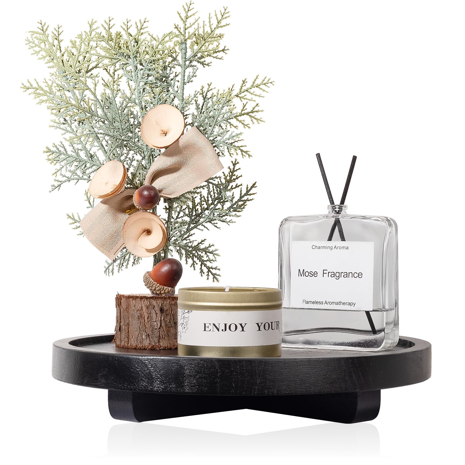 Round Decorative Tray Wood Bathroom Counter Organizer Farmhouse Kitchen Decor Wooden Riser for Soap Dish, Perfume, Candle, Sponge, 9" - Black