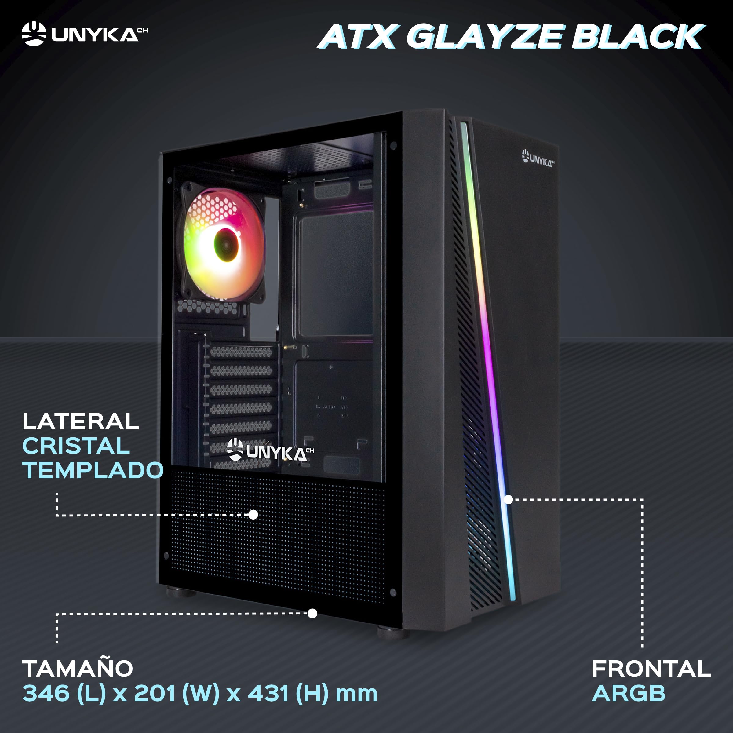 Unykach - Case Computer GamingATX Glayze Nero, frontale ARGB, pannello laterale in vetro temperato, 1 ventola RGB 120 mm, sistema di montaggio senza strumenti, 1 USB 3.0 e 2 USB 2.0
