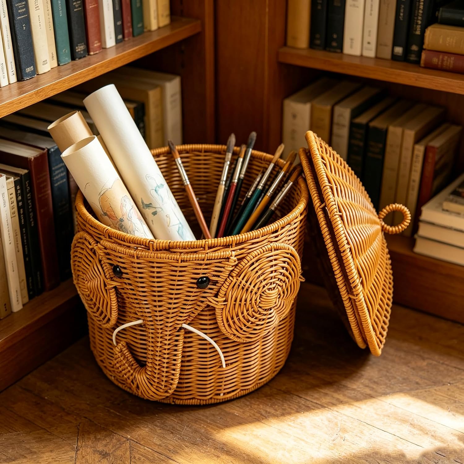 Elephant Shaped Wicker Storage Basket with Lid, Rattan Woven Decorative Organizer, 9.84x9.84 Inch, Boho Style