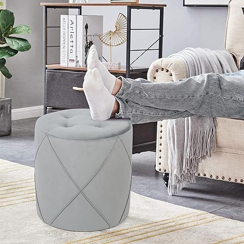 Miniatura 6 de Joveco Moderno otomano redondo, taburete de tocador tapizado de terciopelo con asiento acolchado suave, reposapiés para mesa auxiliar para sala de