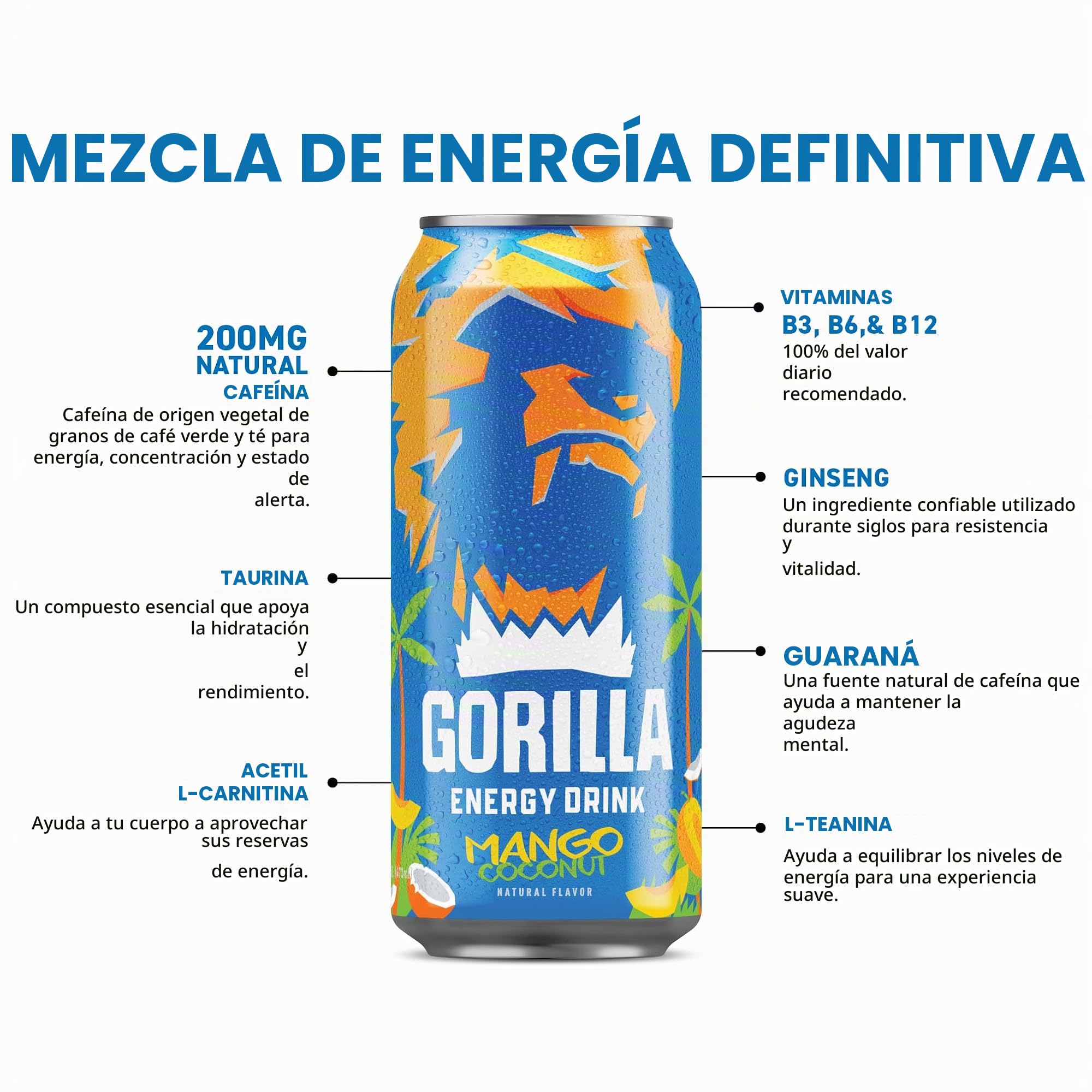 Bebida energética Gorilla Energy, sabor mango y coco, 200 mg de cafeína natural, jugo de fruta real exprimido y concentrado, L-teanina, taurina, ginseng, acetil L-carnitina, sin azúcar añadida y sin
