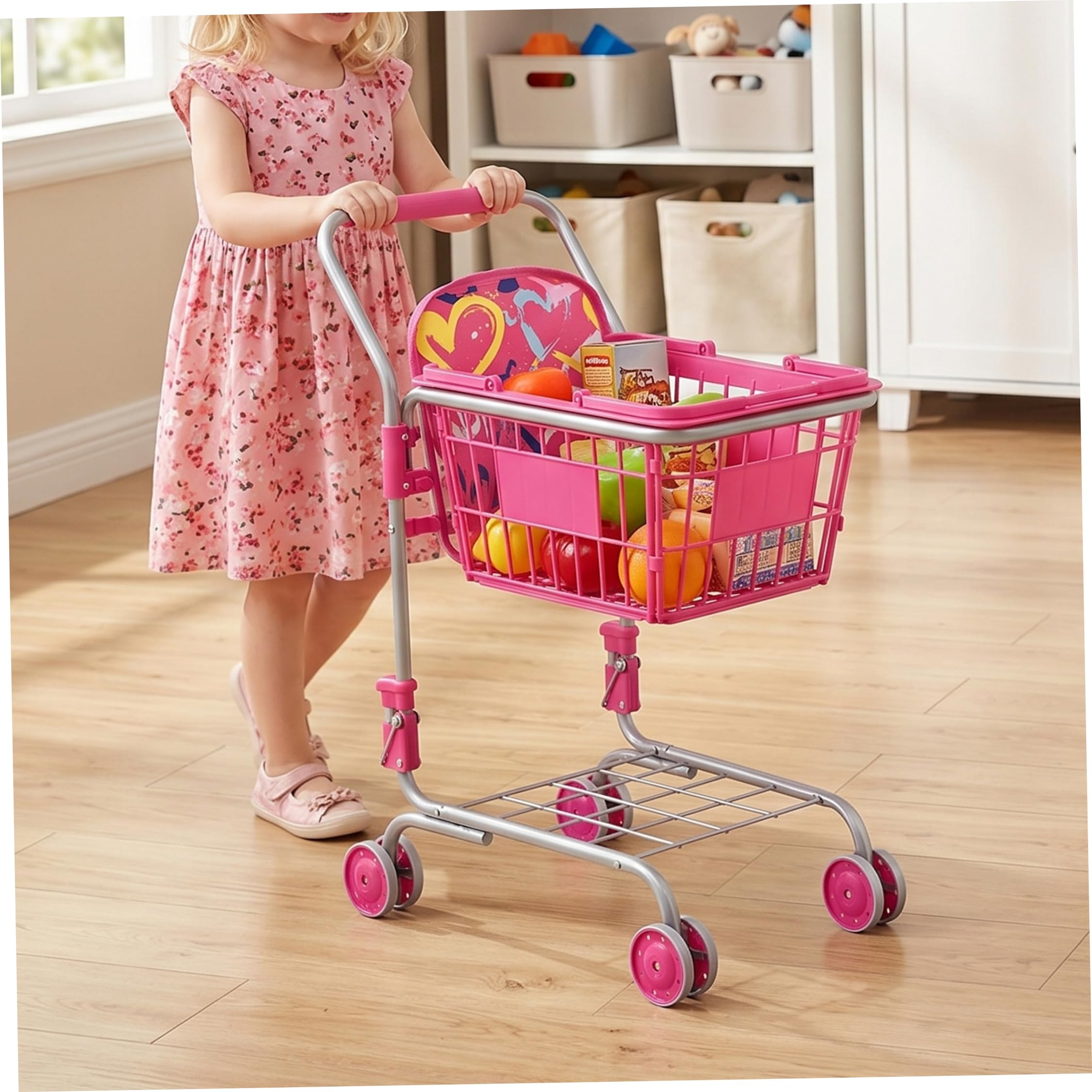 Carrello della Spesa per Bambini Carrello della Spesa Giocattolo Pieghevole con Cestino per 1-3 Bambini