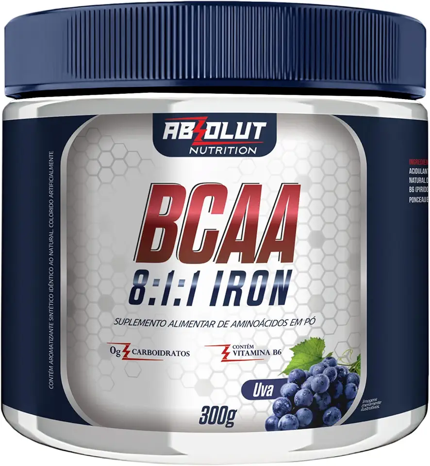Absolut Nutrition, BCAA 8:1:1, Aminoácidos essenciais + vitamina B6, Iron, em pó, Sabor uva, 300 gramas