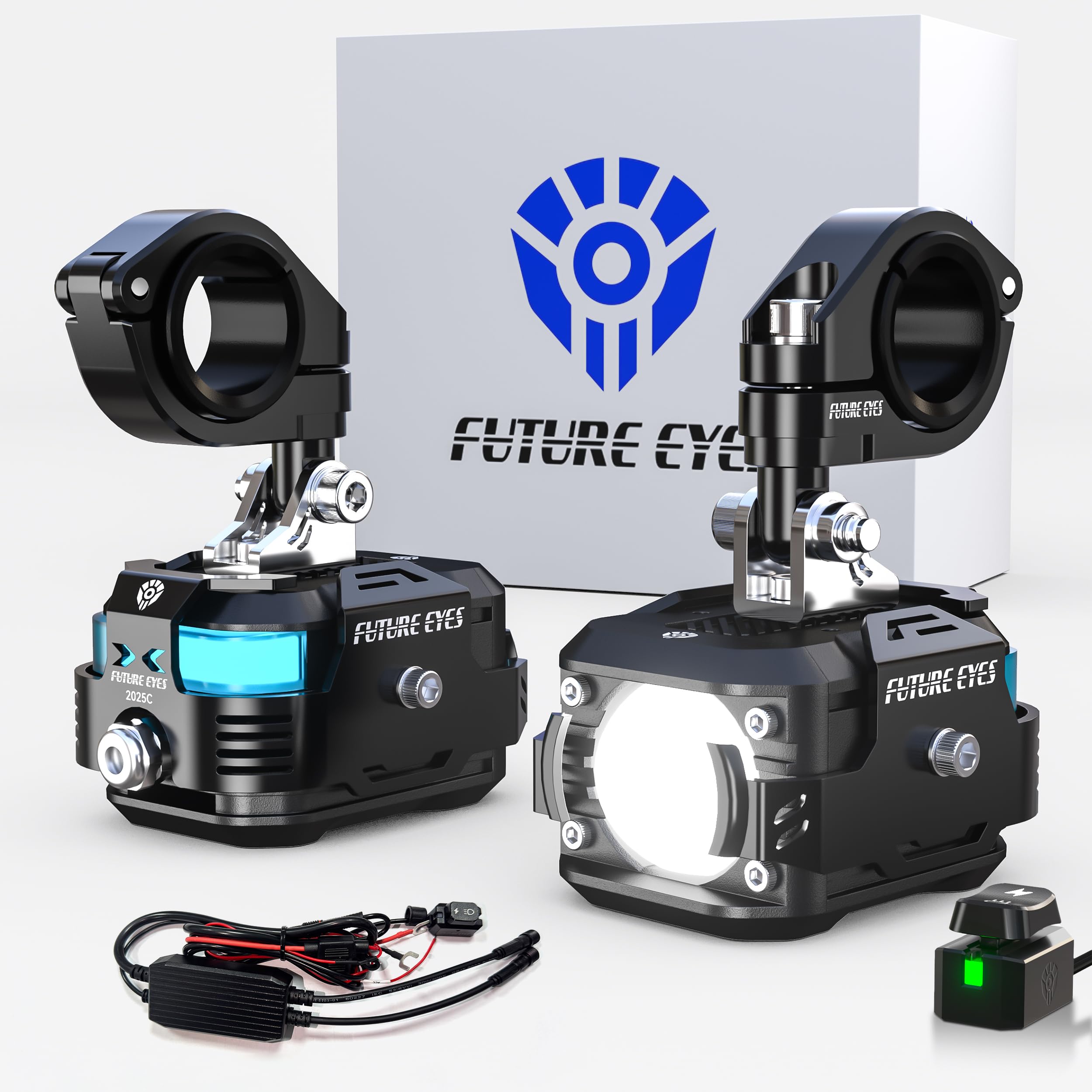 Future Eyes Fari Supplementari Moto 6000LM 60W, Future Eyes Luci LED Omologate ECE E-Mark E57, Fari Antinebbia IP67, Fari Aggiuntivi per Moto, Luci LED Potenti Antiabbagliamento 360°