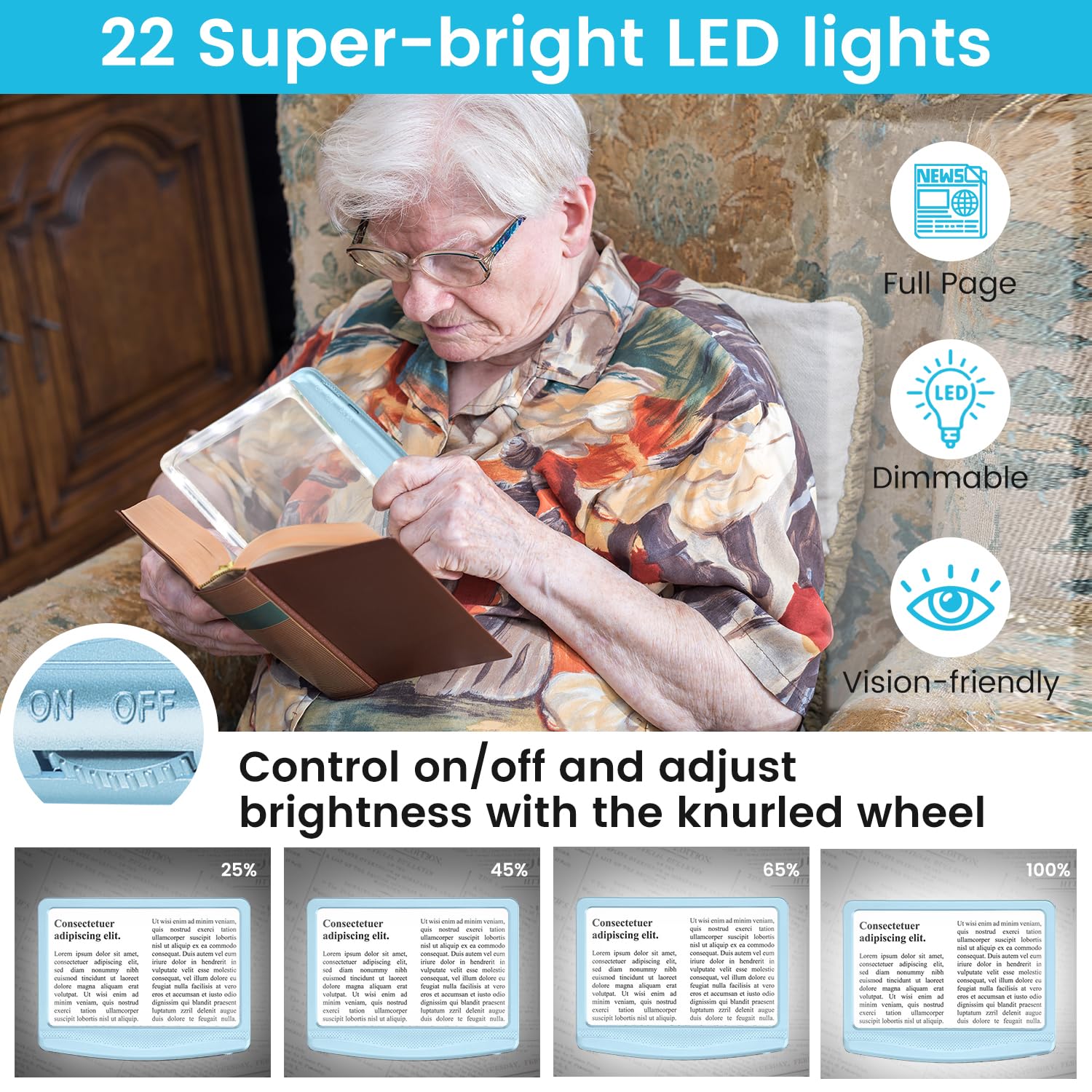 Lente d'ingrandimento ricaricabile 5X per lettura, grande lente d'ingrandimento luminosa a pagina intera con luce, luce LED dimmerabile, lente d'ingrandimento leggera per lettura per anziani