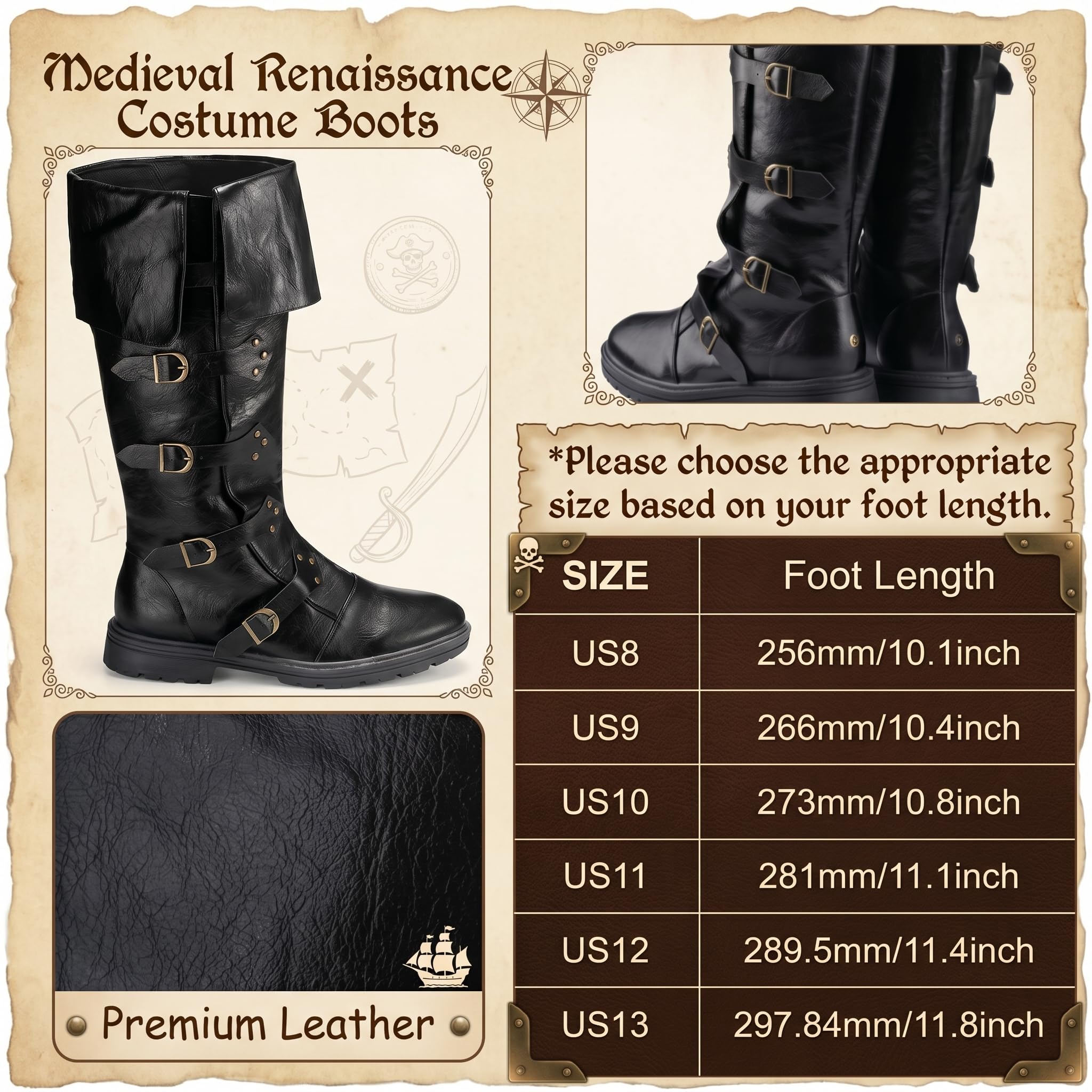 Jiuguva Mittelalter Piraten Stiefel Herren Renaissance Kostüm Stiefel High Tube Steampunk Schuhe Halloween Cosplay Kostüm Zubehör