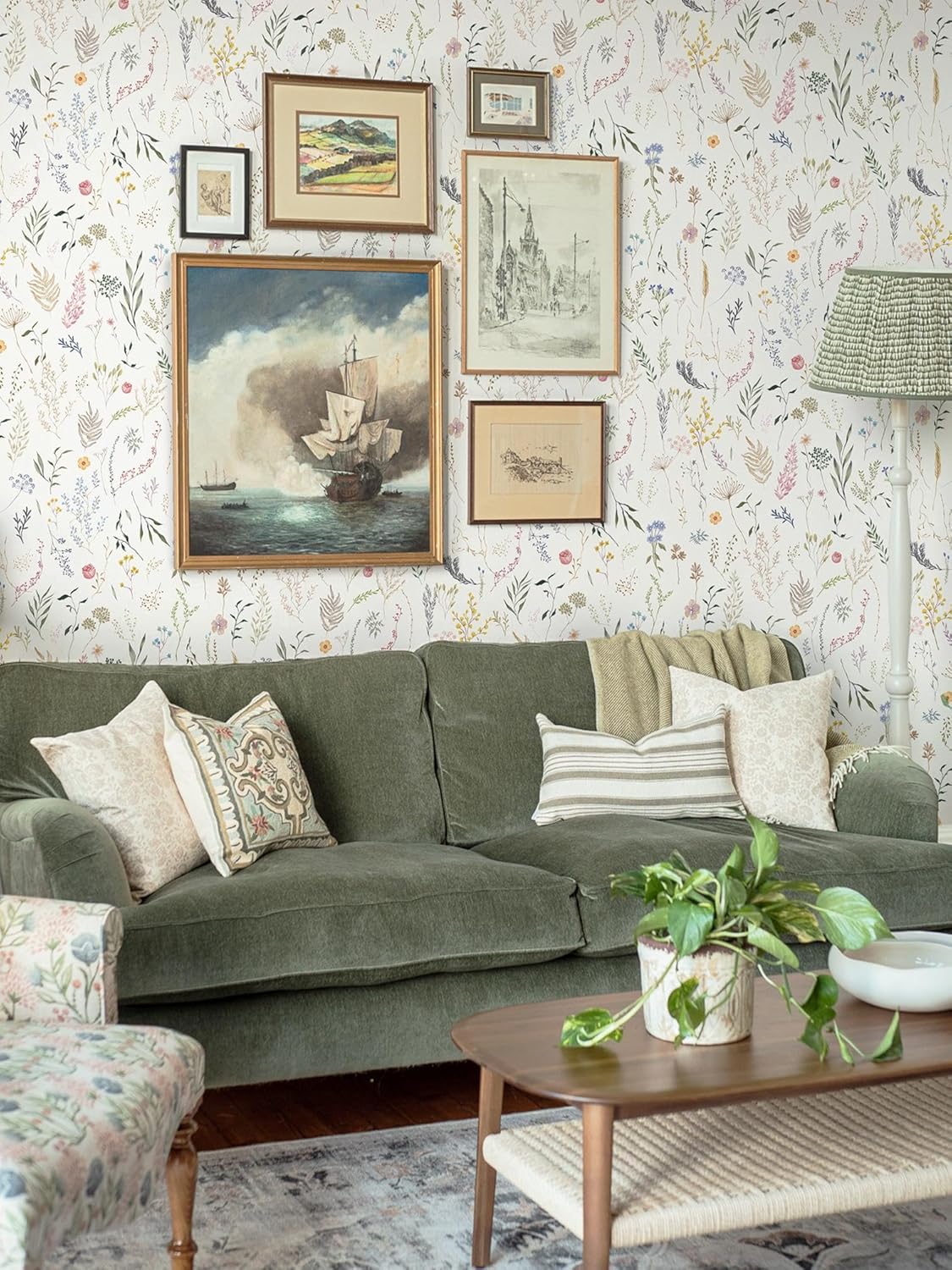 Dimoon 78.7"x16.1" Floral Peel and Stick Wallpaper Beige Contact Paper Thicken Wallpaper Delicate Flower Waterproof Green Leaf White Self Adhesive Removable Wall Paper Shelf Liner Decal Vinyl Roll
