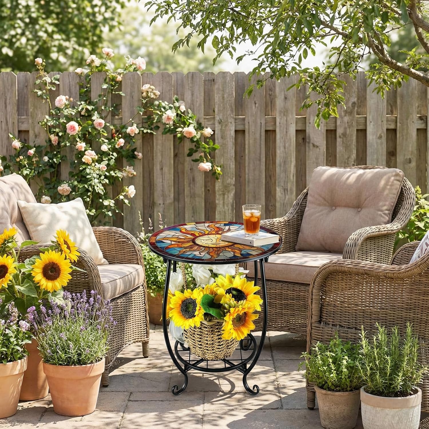 outdoor side table round small mosaic patio accent indoor end plant coffee tea table for yard patio porch garden living room, bedroom(sun style,14 inch) 14 inch sun style