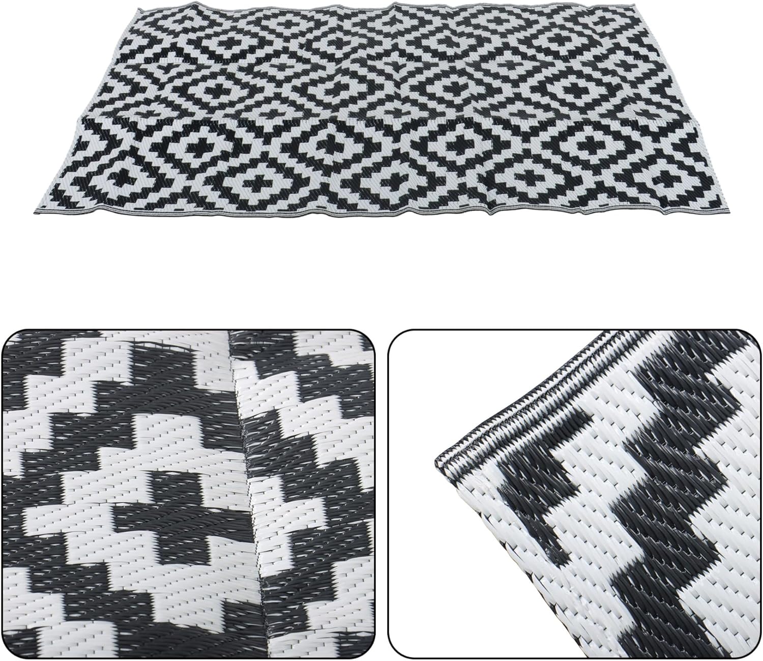 Outdoor Rug Black White Coloured Outdoor Camping Rug, Woven Tape Edging on Both Ends Complete with Accessories and Storage Bag Picnic Outdoor Rug
