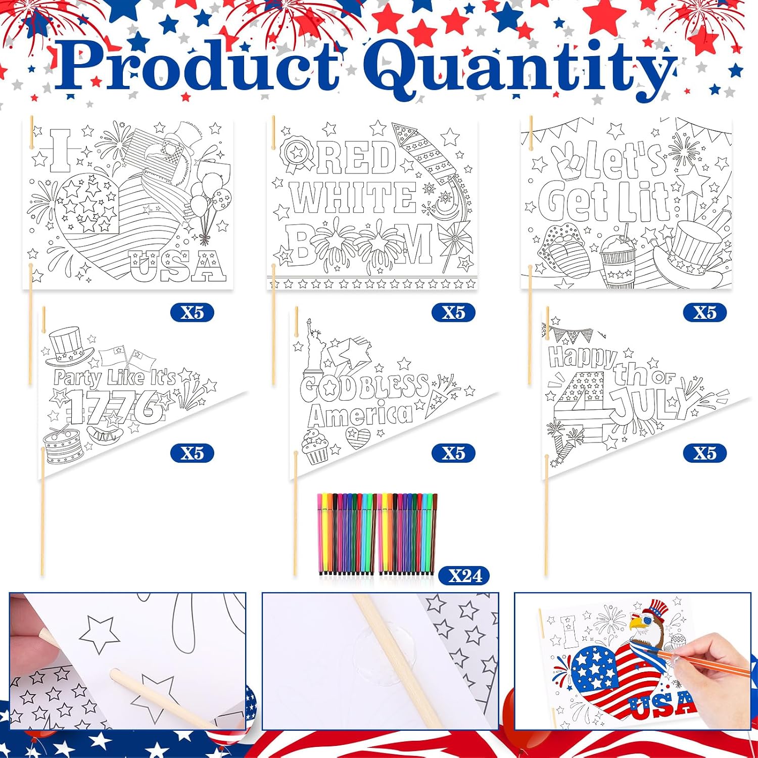 HOWAF 30pcs 4th of July Coloring Flags Kit, Independence Day Coloring Handheld Flags with 24 Paint Pens for 4th of July Crafts, Color Your Own American Patriotic Hand Flag for USA Patriotic Parade image 3