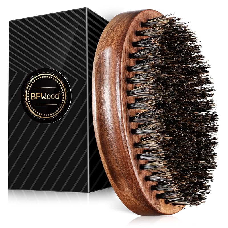 BFWood Escova para Barba com Cerdas de Javali e Cabo de Madeira Preta, Estilo Militar