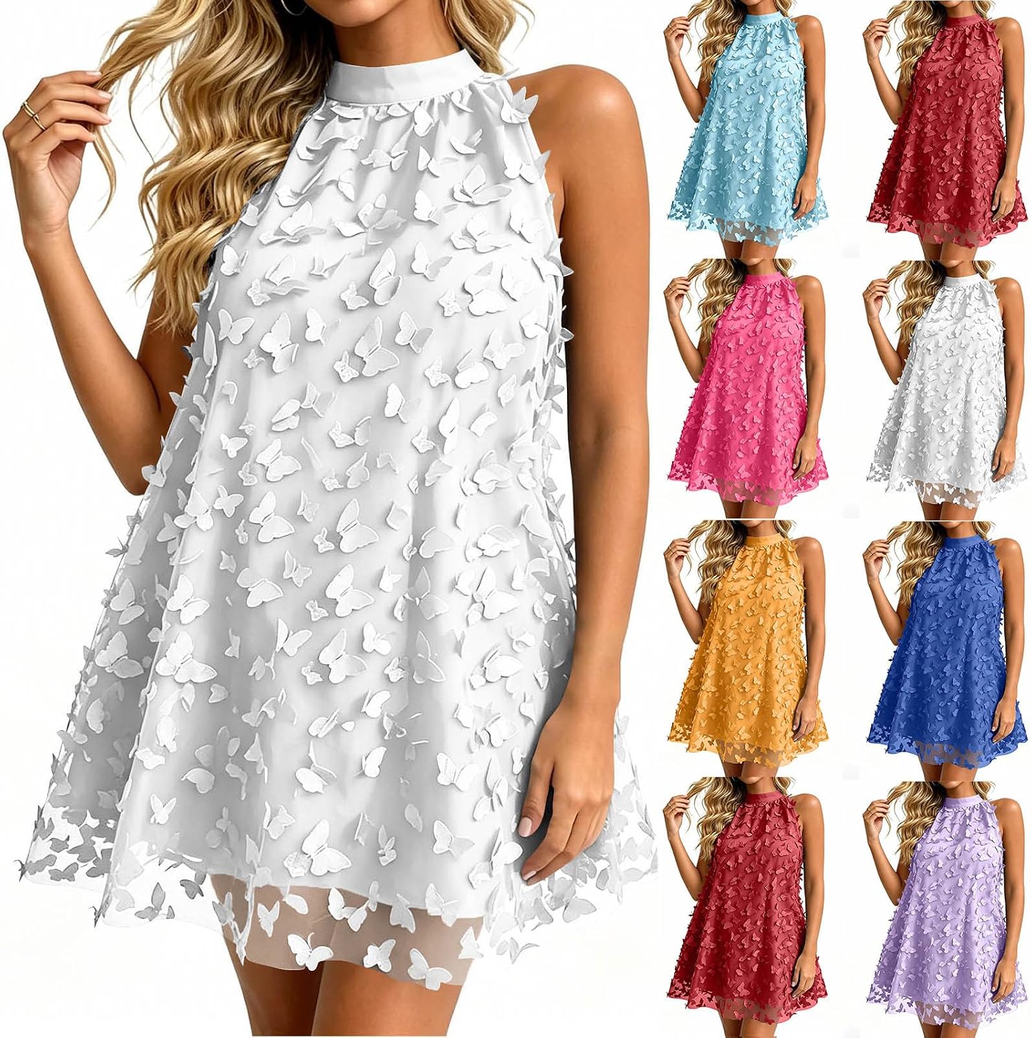 Women Sleeveless Halter Neck Sundress, Summer Cute Bubble Mini Dress Casual Resort Wear Tank Dresses Vacation Outfits