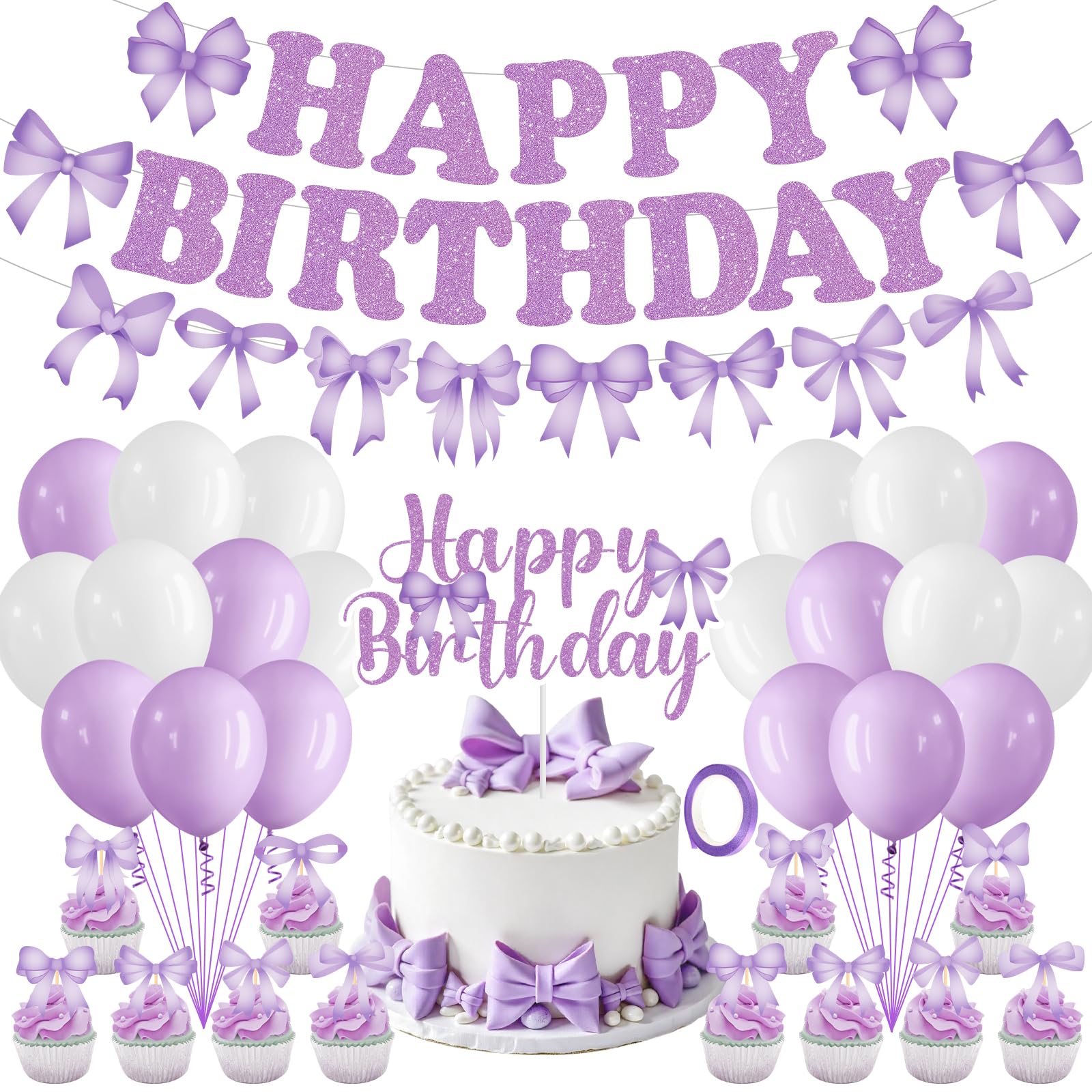 Purple Bow Birthday Party Decorations Bow Happy Birthday Banner Purple White Balloons Cake and Cupcake Toppers for Girls Women Coquette Bday Baby