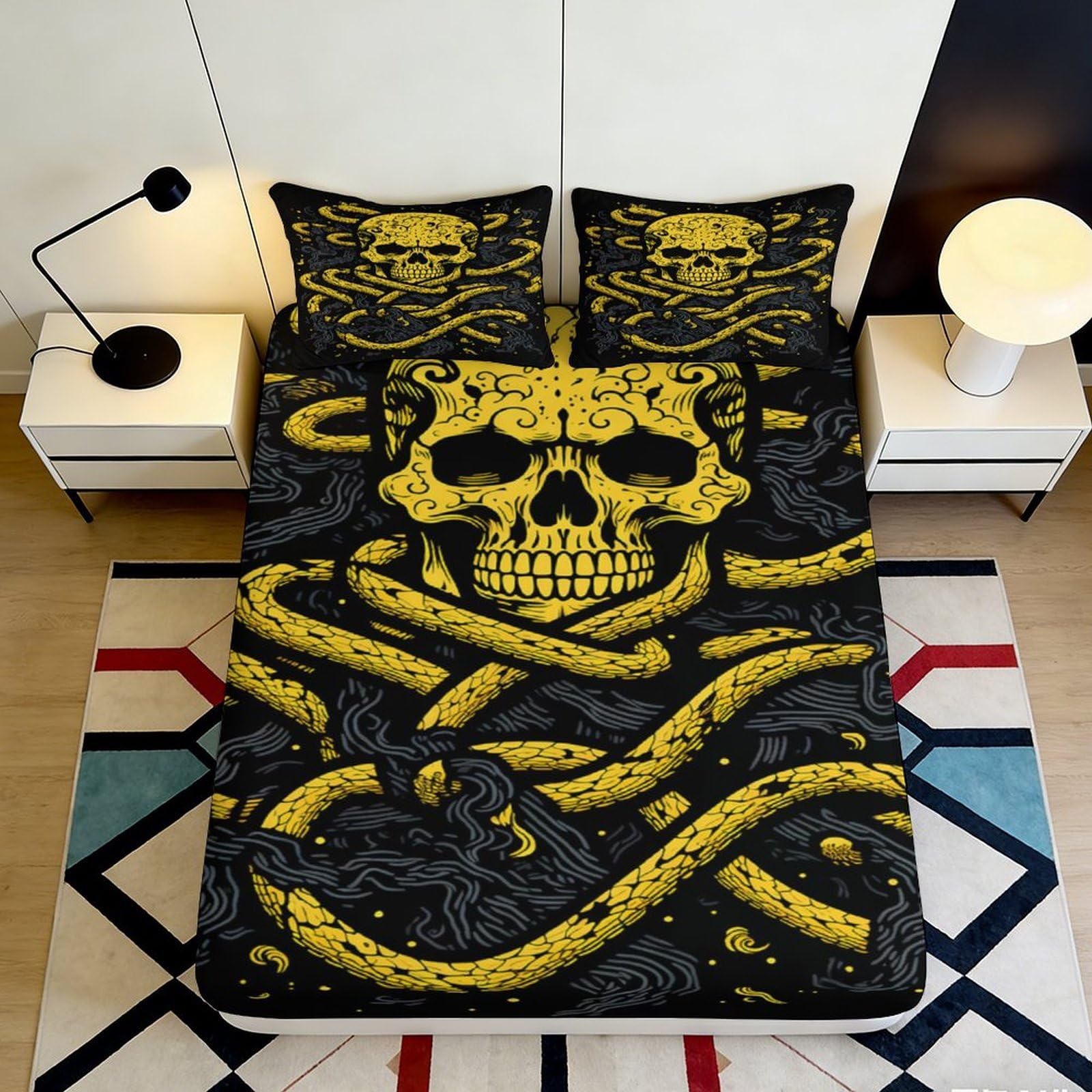 Pnayamiorkfel Style-8 3D Printed Yellow Skull Fitted Sheet Microfiber Soft Anti-Slip Snake Pattern Bed Cover For Bedroom Dorm Decor 90X200x25cm