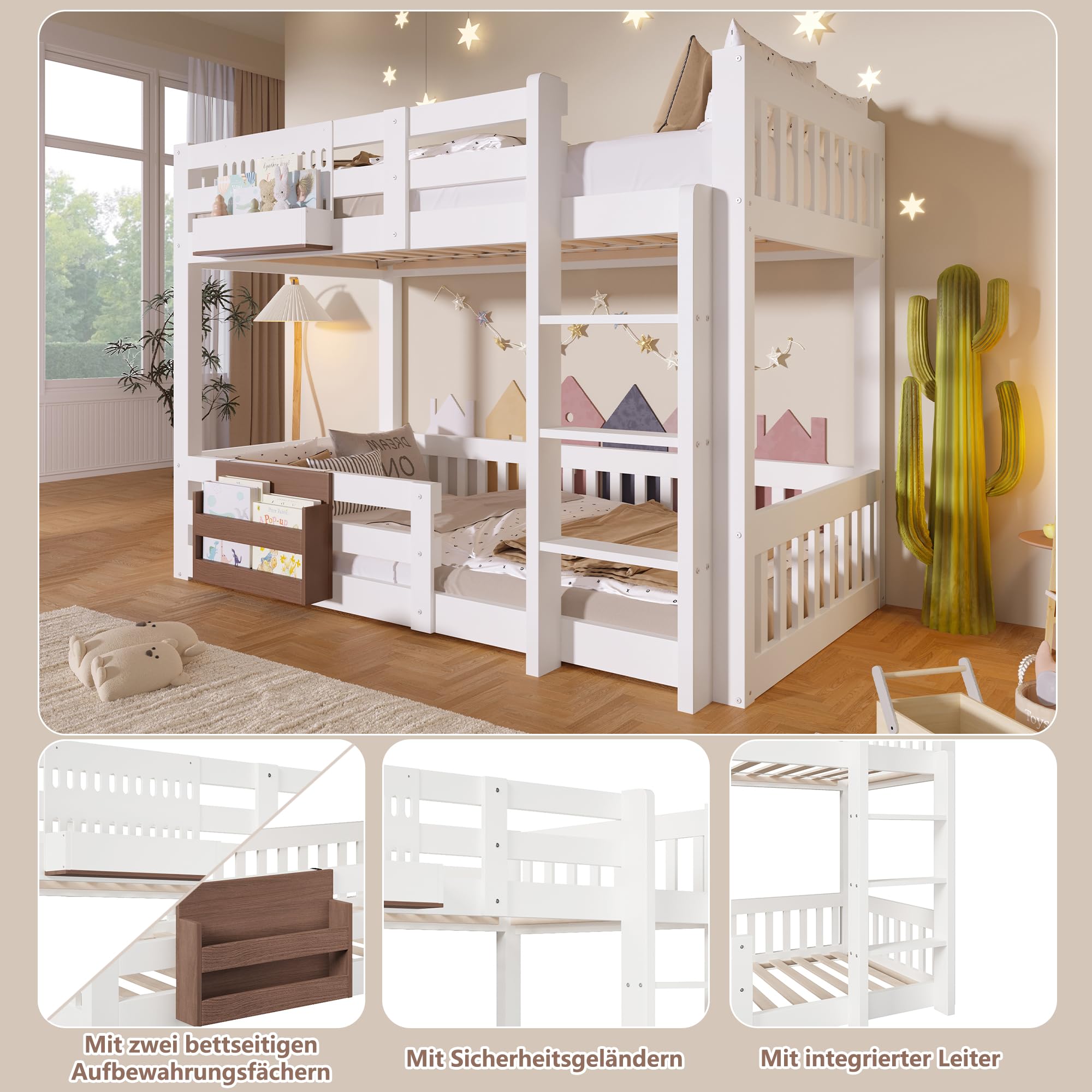 Kinderbett Etagenbett 90x200cm,für 2 Kinder Hochbett,mit Treppe und Aufbewahrungsfächer,mit Rausfallschutz und Lattenrost,Ohne Matratze (90x200cm)