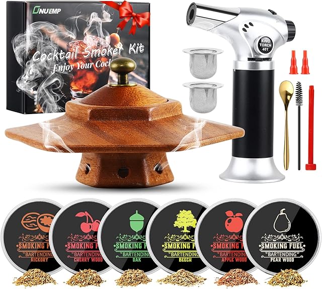 Cocktail Smoker Kit with Torch, ONUEMP Old Fashioned Chimney Smoker Kit for Whiskey and Bourbon with 6 Flavor Wood Chips, Drink Smoker Infuser Kit, Smoke Top Gifts for Men Father's Day (No Butane)
