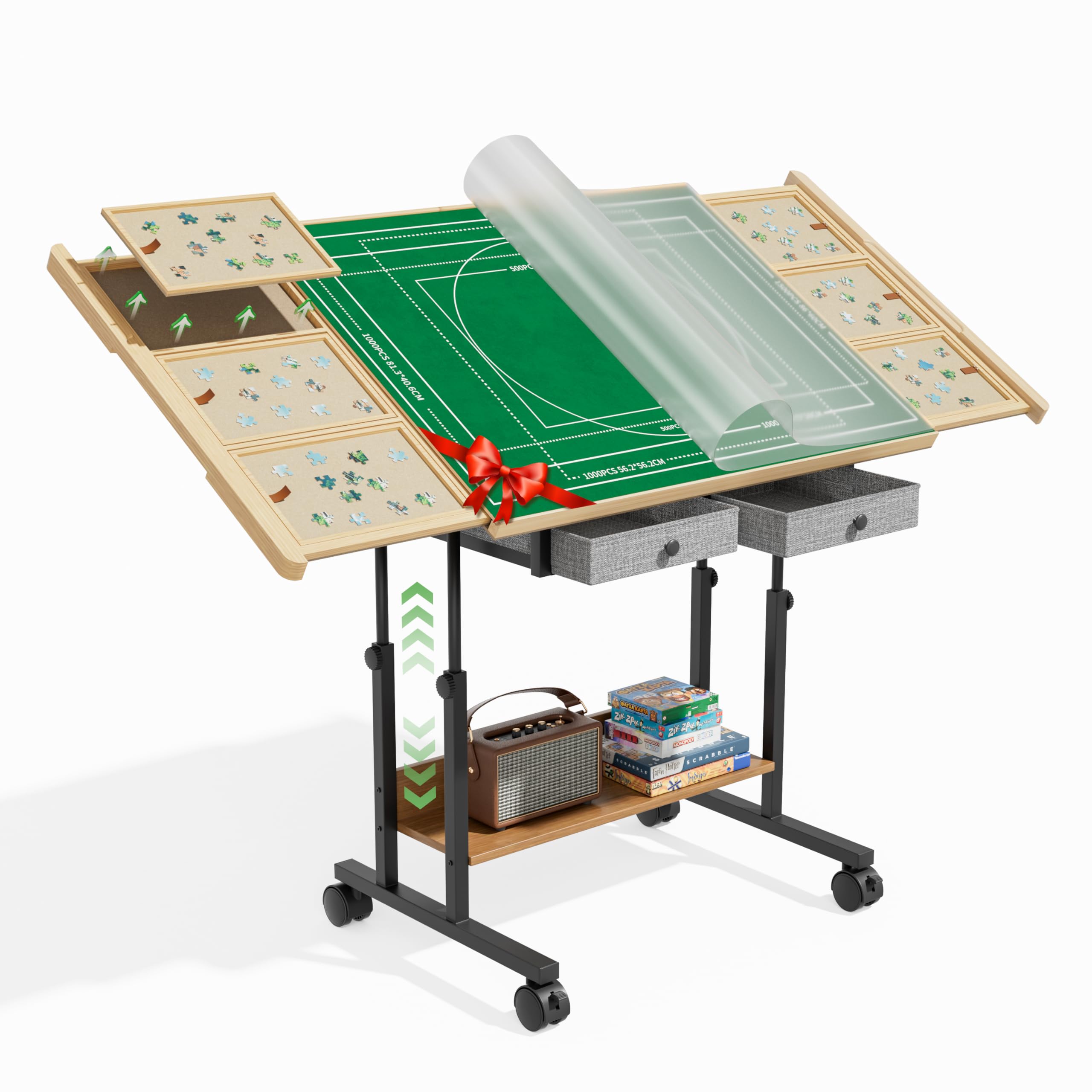 CODACE Puzzle Table with Drawers - 1500 Pieces Jigsaw Puzzles Table for Adults, Tilting Puzzle Board with 6 Sorting Trays and Cover, Tables with Adjustable Height Leg and Wheel, Puzzle Lover's Present