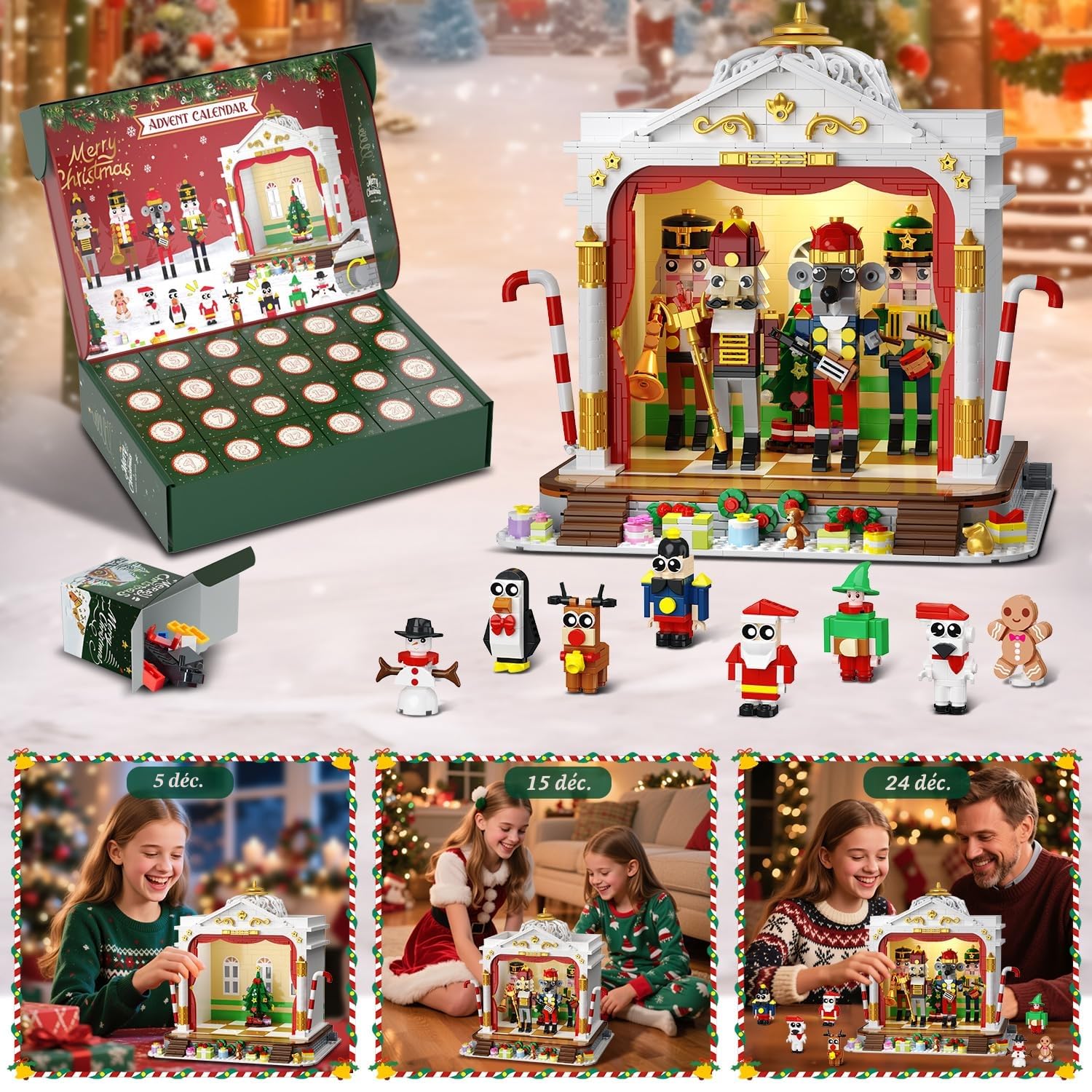 HOGOKIDS Calendrier de l’Avent 2025 Théâtre de Noël avec Lumière, Calendrier Compte à Rebours 24 Jours, Mini Blocs 3,6cm avec 4 Casse-Noisette & 8 Minifigures, Cadeau pour Adultes Filles Garçons 10+