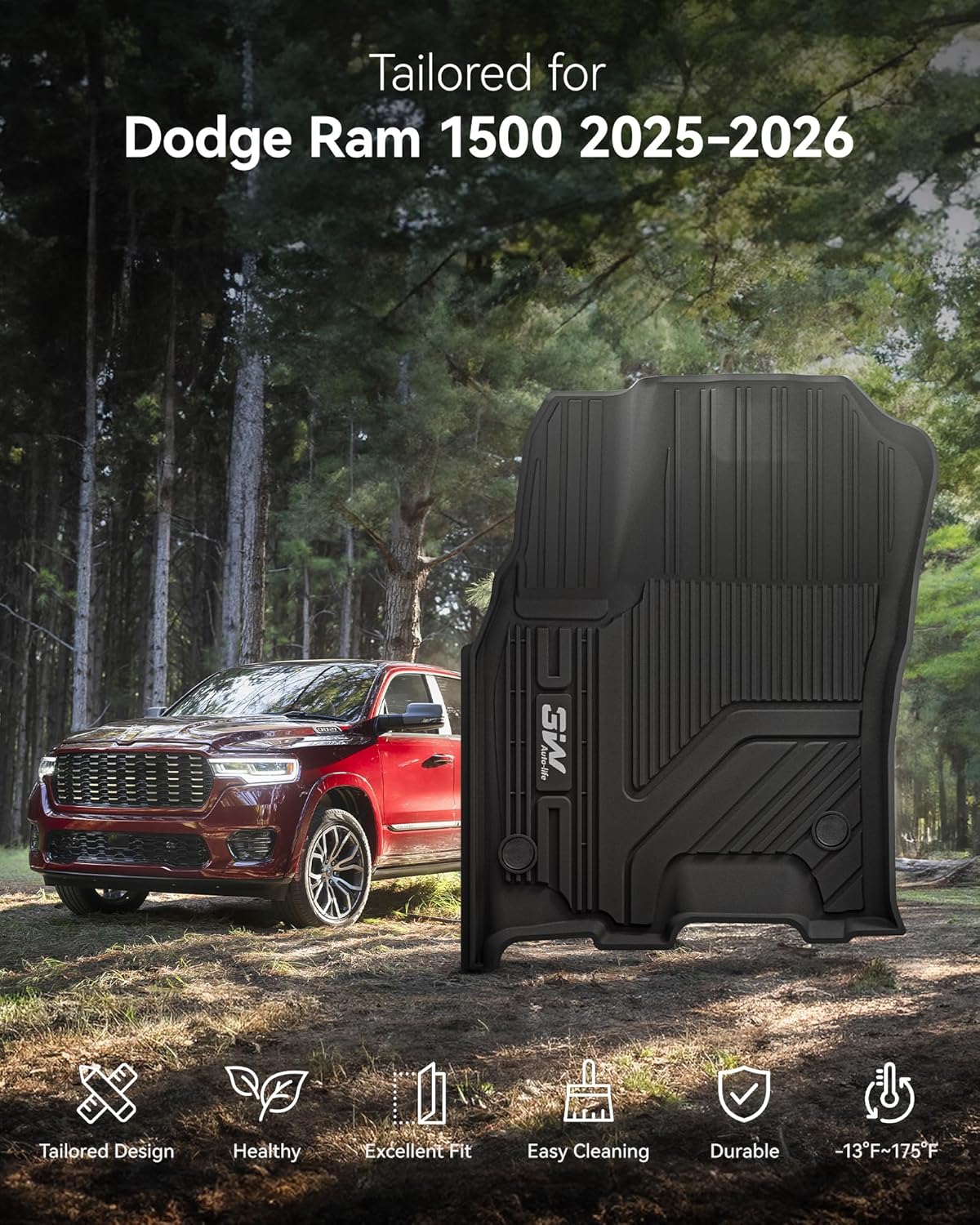 3W Floor Mats Fit for Dodge Ram 1500 Crew Cab 2025-2026 (w/o Rear Under-Seat Factory Storage Bucket Seat), TPE All Weather Custom Fit Floor Liner for Ram 1500 Accessories Row Car Mats, Black - Image 2